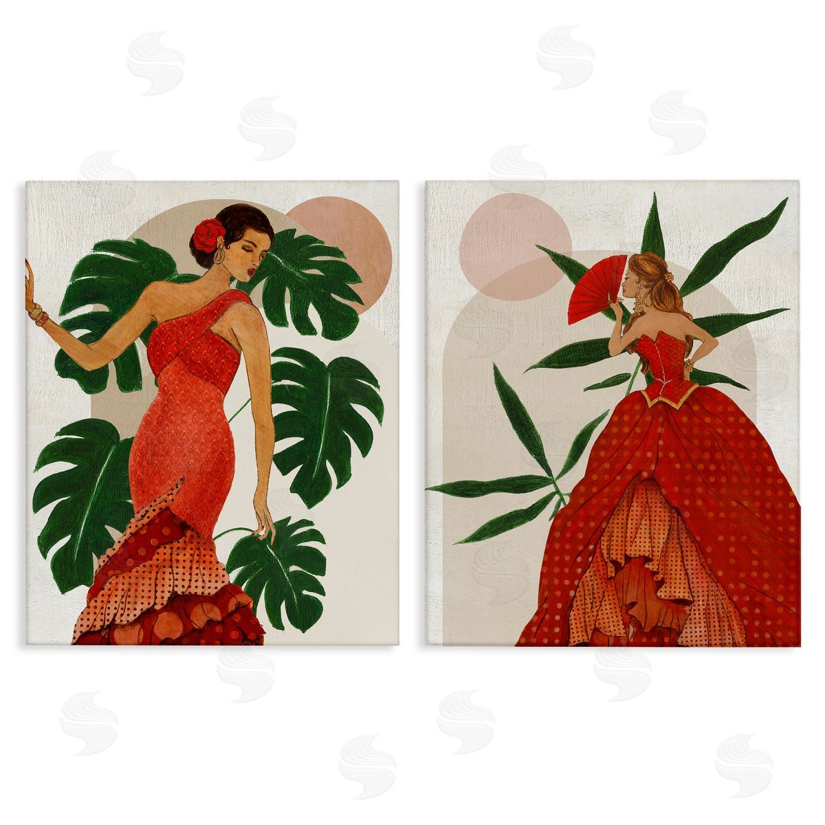 Tropical Fashionistas in Red Canvas Wall Art, Home Decor by Janet Tava