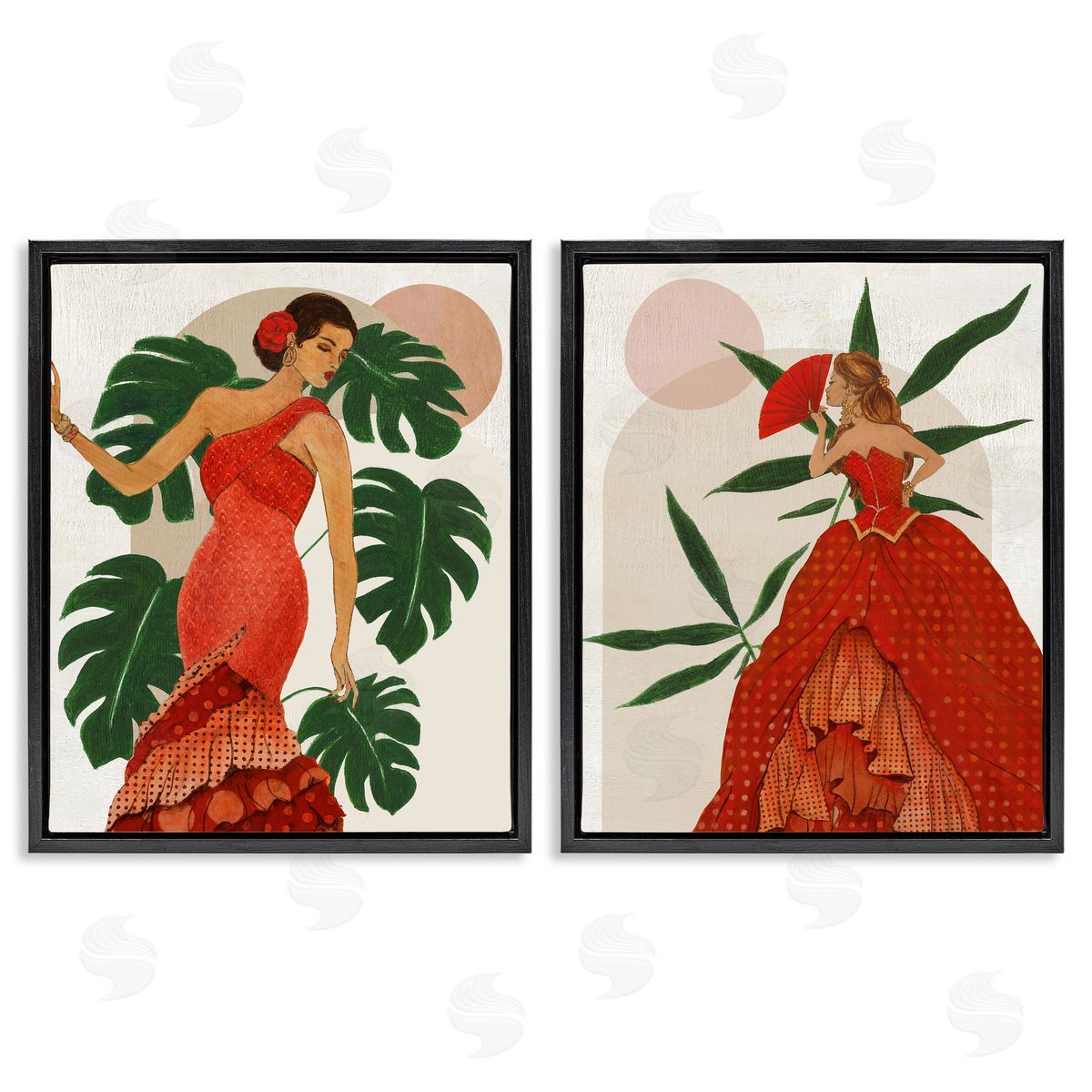 Tropical Fashionistas in Red Black Floating Frame Canvas Wall Art, Home Decor by Janet Tava