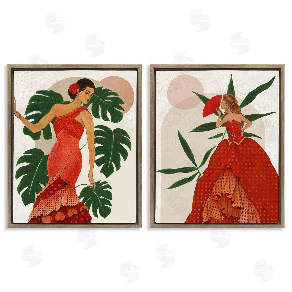 Tropical Fashionistas in Red Brown Floating Frame Canvas Wall Art, Home Decor by Janet Tava