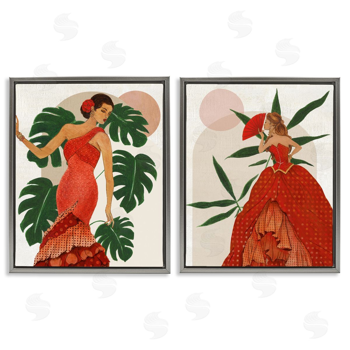 Tropical Fashionistas in Red Grey Floating Frame Canvas Wall Art, Home Decor by Janet Tava