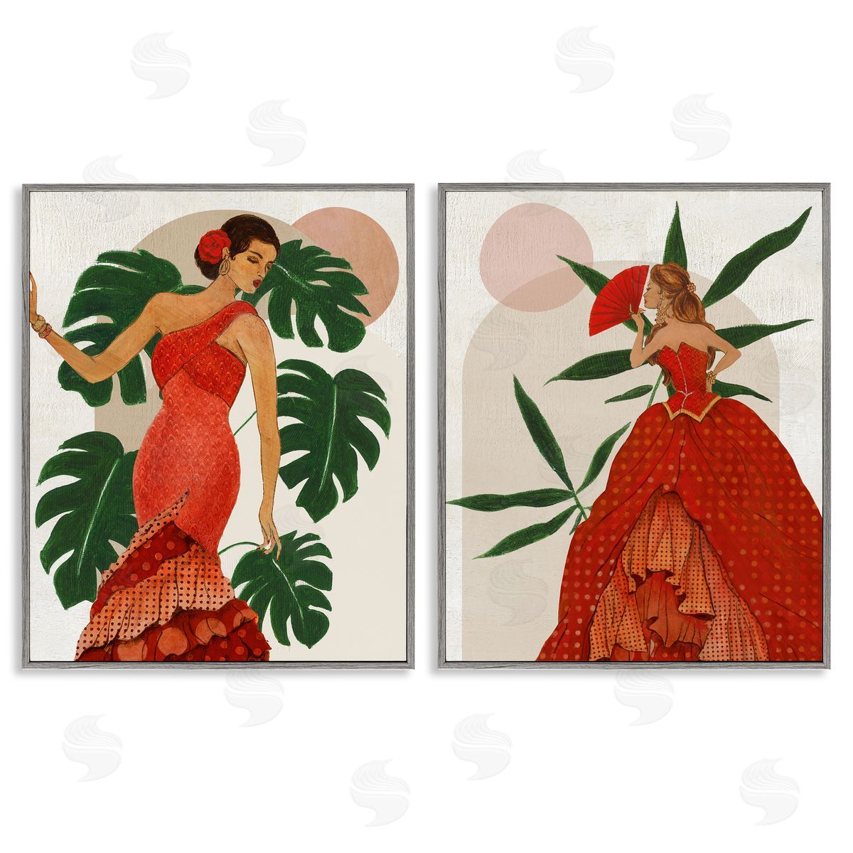 Tropical Fashionistas in Red Grey Frame Print Wall Art, Home Decor by Janet Tava