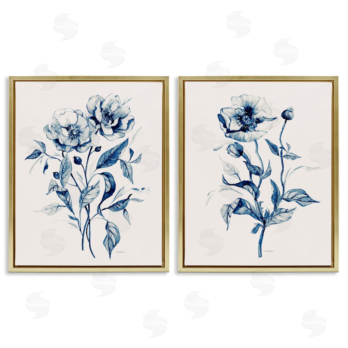 Blue Sketched Flowers Gold Floating Frame Canvas Wall Art, Home Decor by Carol Robinson