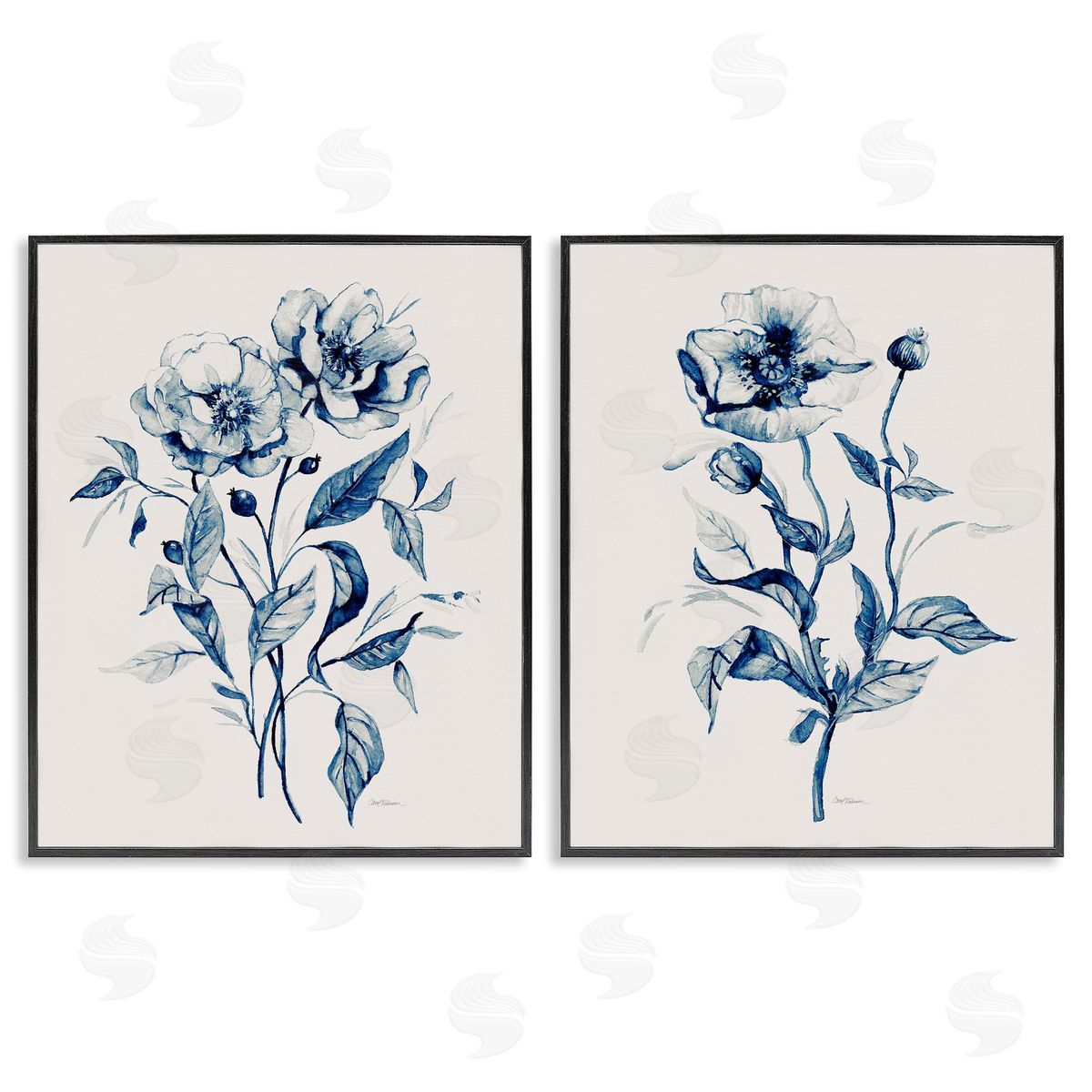 Blue Sketched Flowers Black Frame Print Wall Art, Home Decor by Carol Robinson