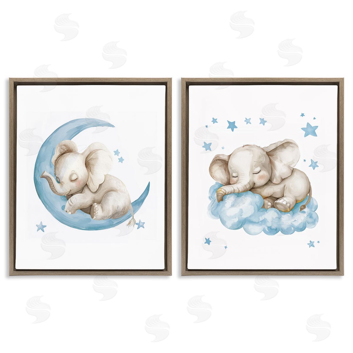 LSR Design Studio Blue Sleepy Elephant Brown Floating Frame Canvas Wall Art Print