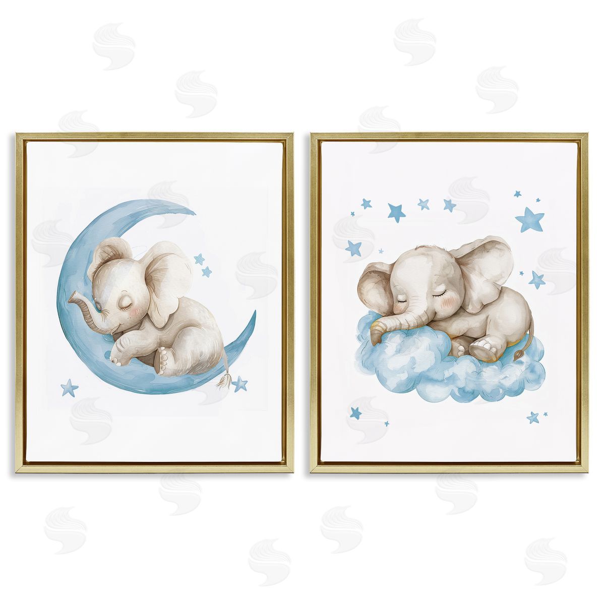LSR Design Studio Blue Sleepy Elephant Gold Floating Frame Canvas Wall Art Print
