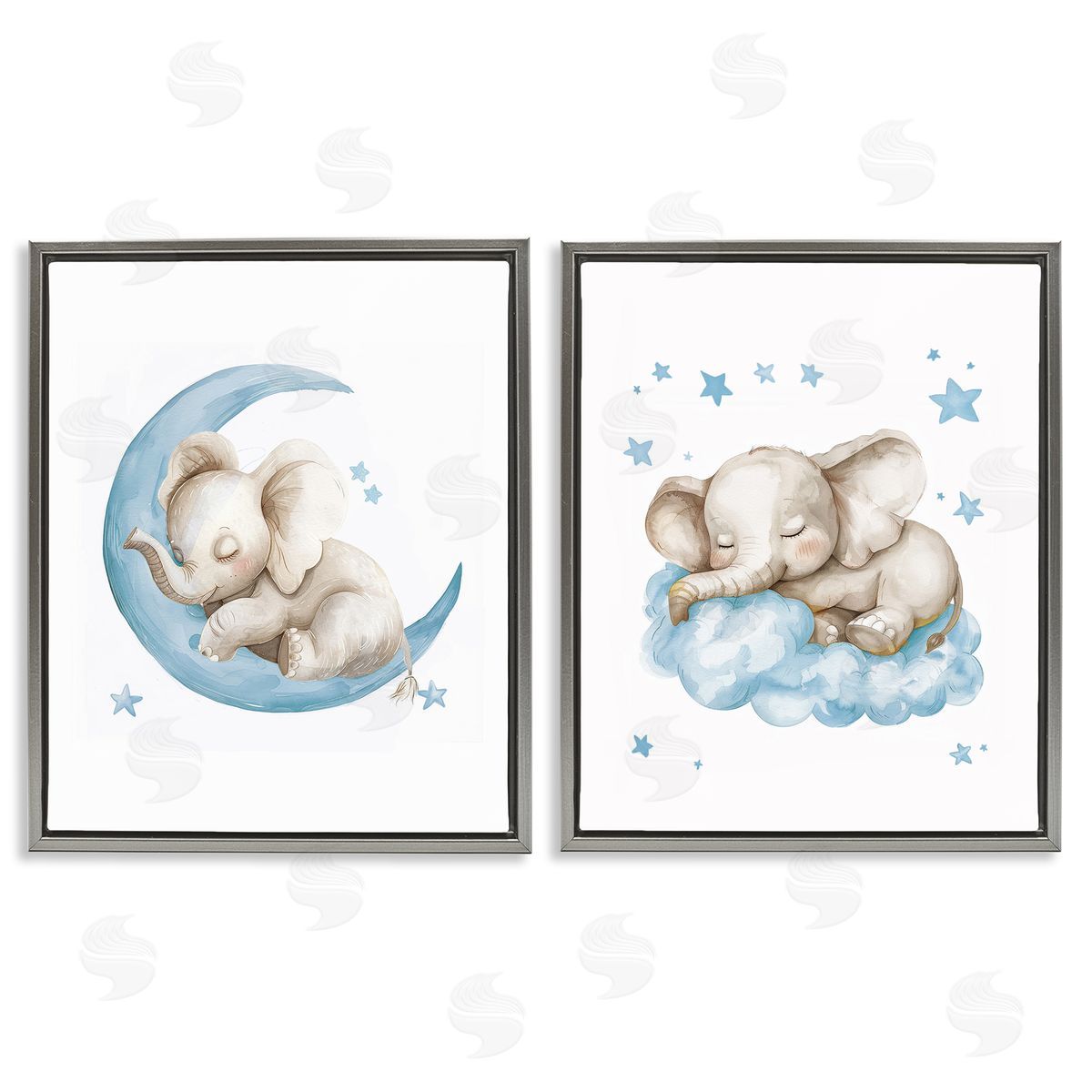 LSR Design Studio Blue Sleepy Elephant Gray Floating Frame Canvas Wall Art Print