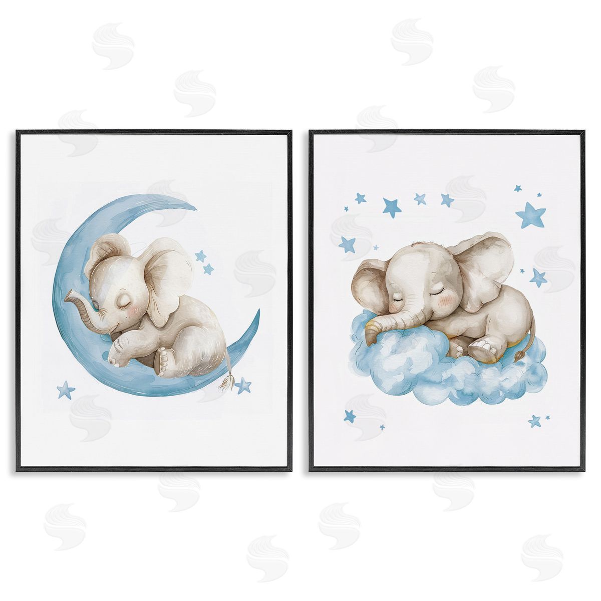 LSR Design Studio Blue Sleepy Elephant Black Framed Giclee Wall Art Print
