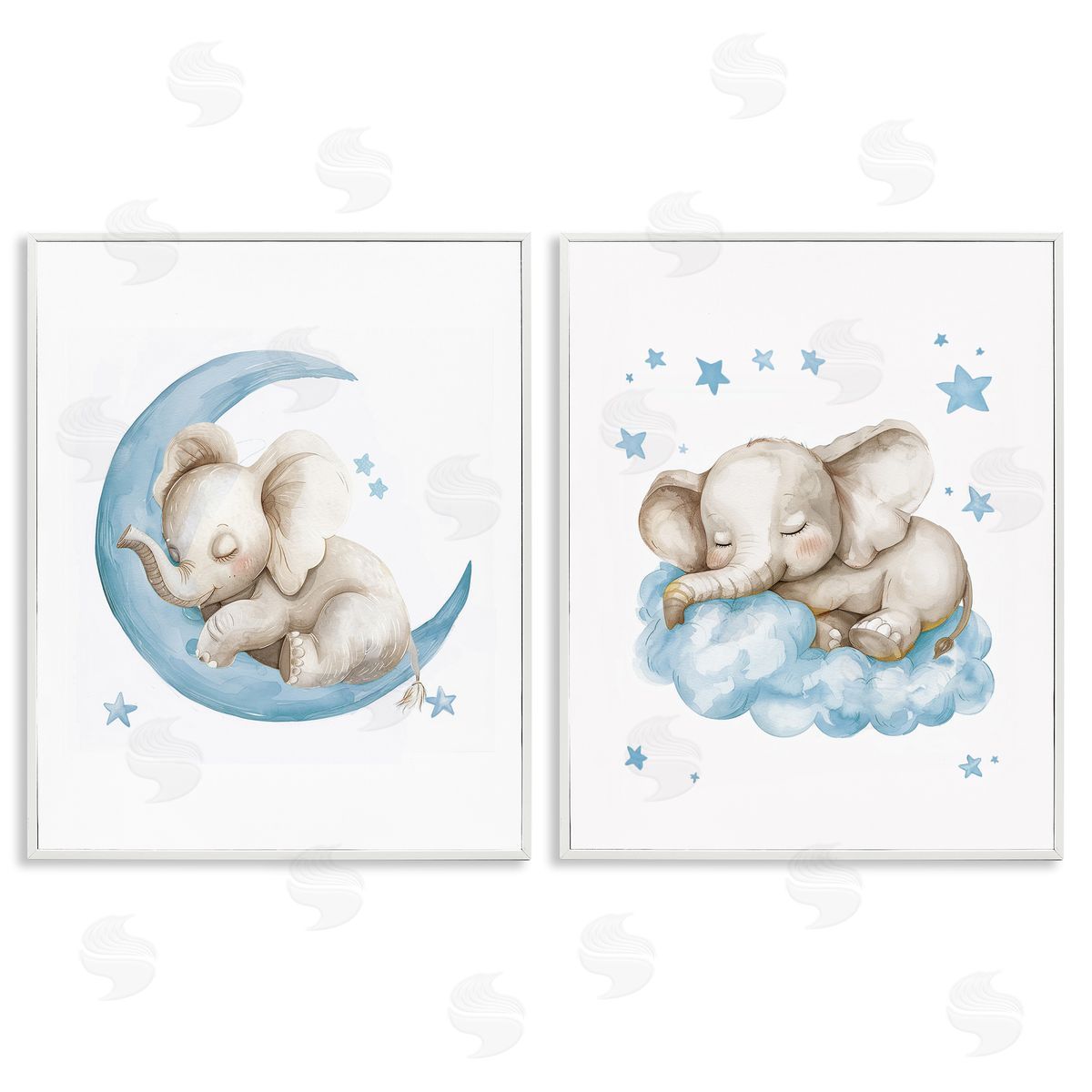 LSR Design Studio Blue Sleepy Elephant White Framed Giclee Wall Art Print