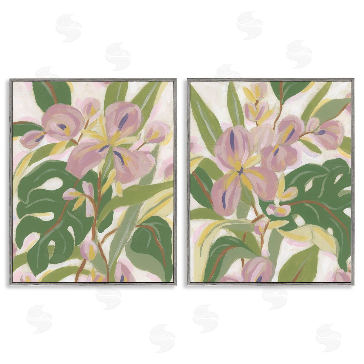 Tropical Irises Abstraction Grey Frame Print Wall Art, Home Decor by June Erica Vess