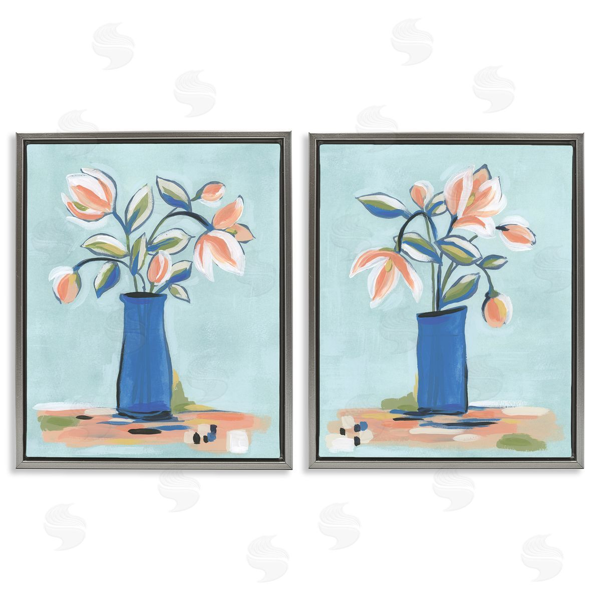 Blue & Peach Flowers Grey Floating Frame Canvas Wall Art, Home Decor by June Erica Vess