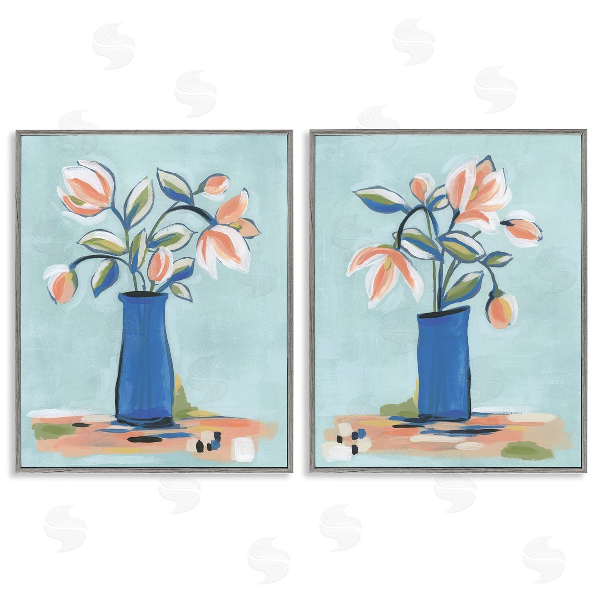 Blue & Peach Flowers Grey Frame Print Wall Art, Home Decor by June Erica Vess