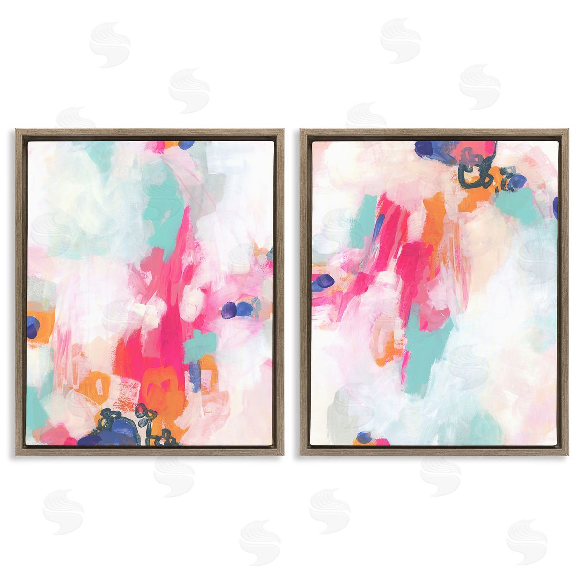 Pink & Pastel Splotches Brown Floating Frame Canvas Wall Art, Home Decor by June Erica Vess