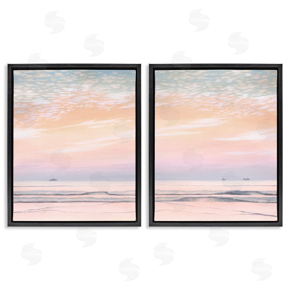 Peachy Coastal Sunrise Black Floating Frame Canvas Wall Art, Home Decor by Grace Popp