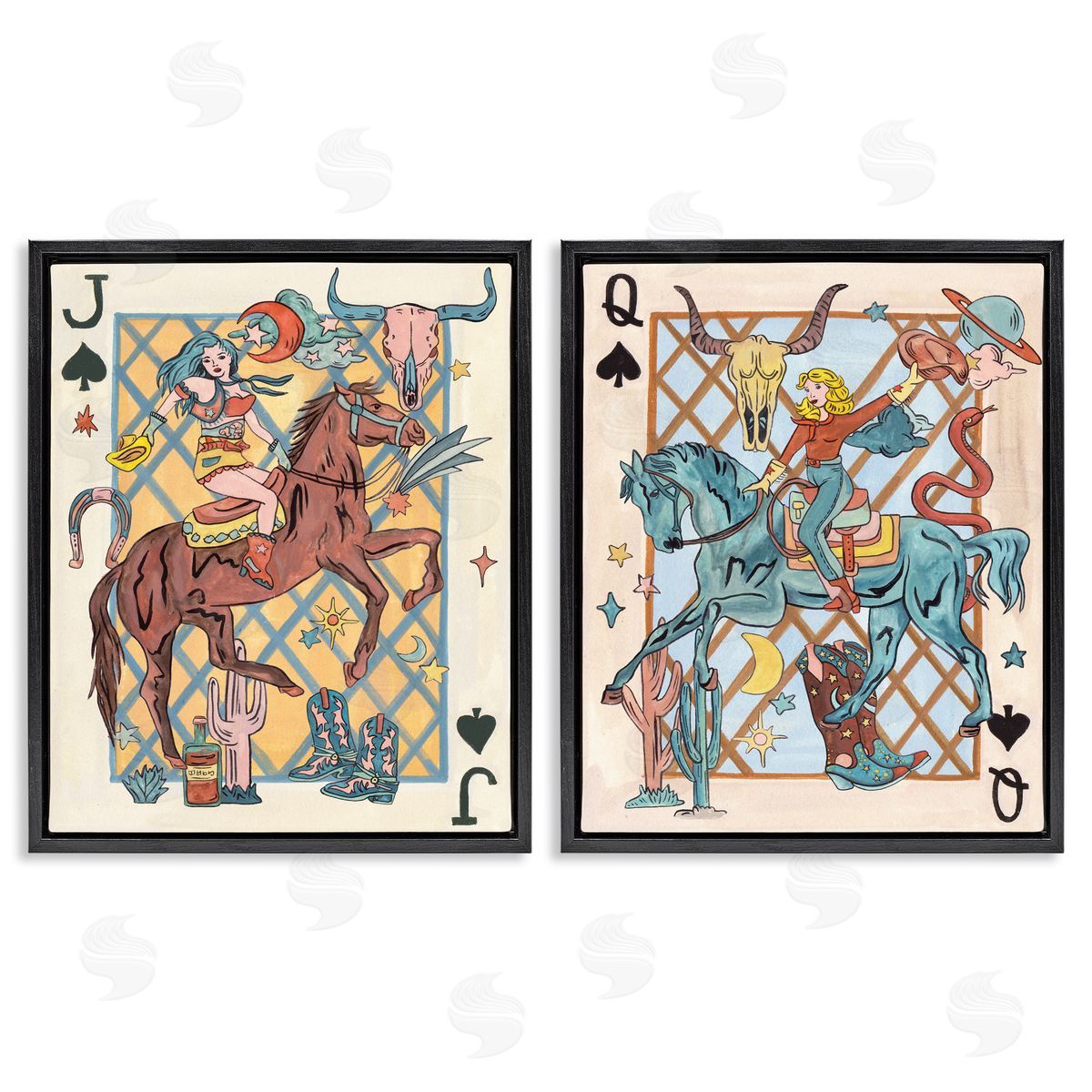 Western Cowgirl Playing Cards Black Floating Frame Canvas Wall Art, Home Decor by Melissa Wang
