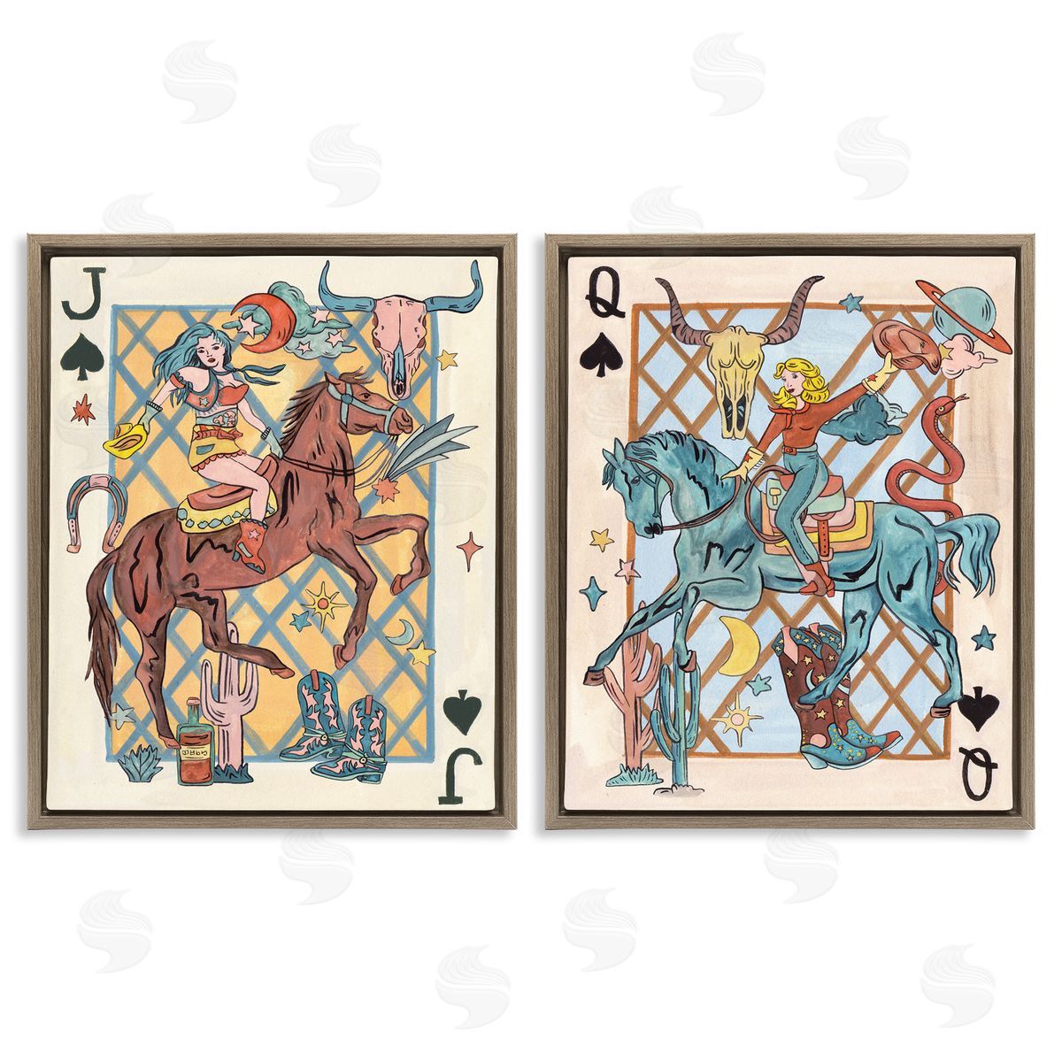 Western Cowgirl Playing Cards Brown Floating Frame Canvas Wall Art, Home Decor by Melissa Wang