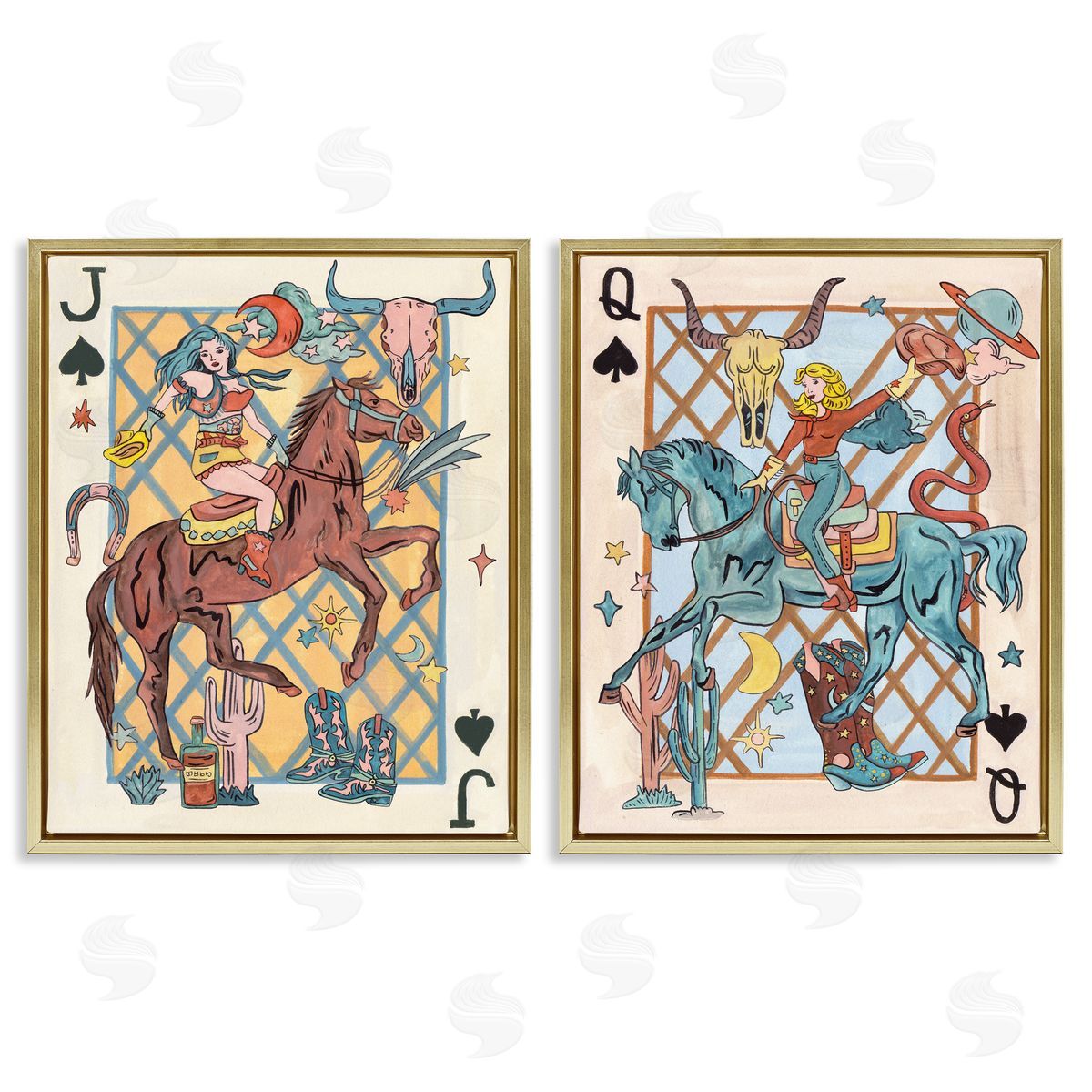 Western Cowgirl Playing Cards Gold Floating Frame Canvas Wall Art, Home Decor by Melissa Wang