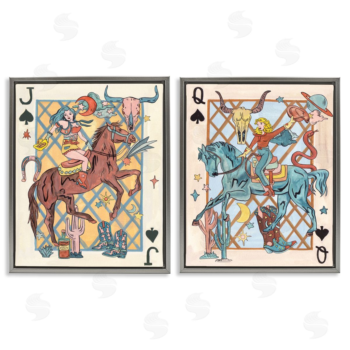 Western Cowgirl Playing Cards Grey Floating Frame Canvas Wall Art, Home Decor by Melissa Wang
