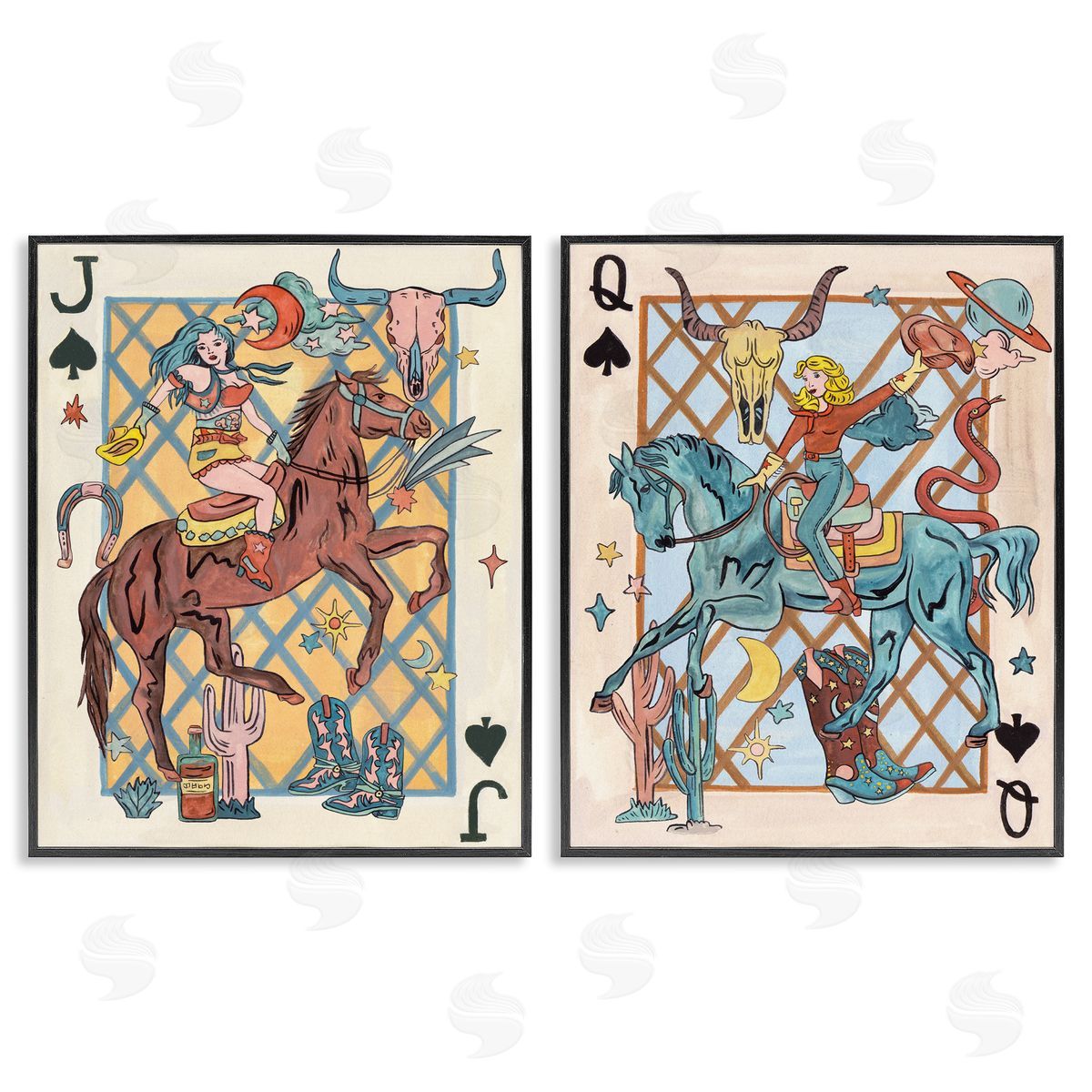 Western Cowgirl Playing Cards Black Frame Print Wall Art, Home Decor by Melissa Wang