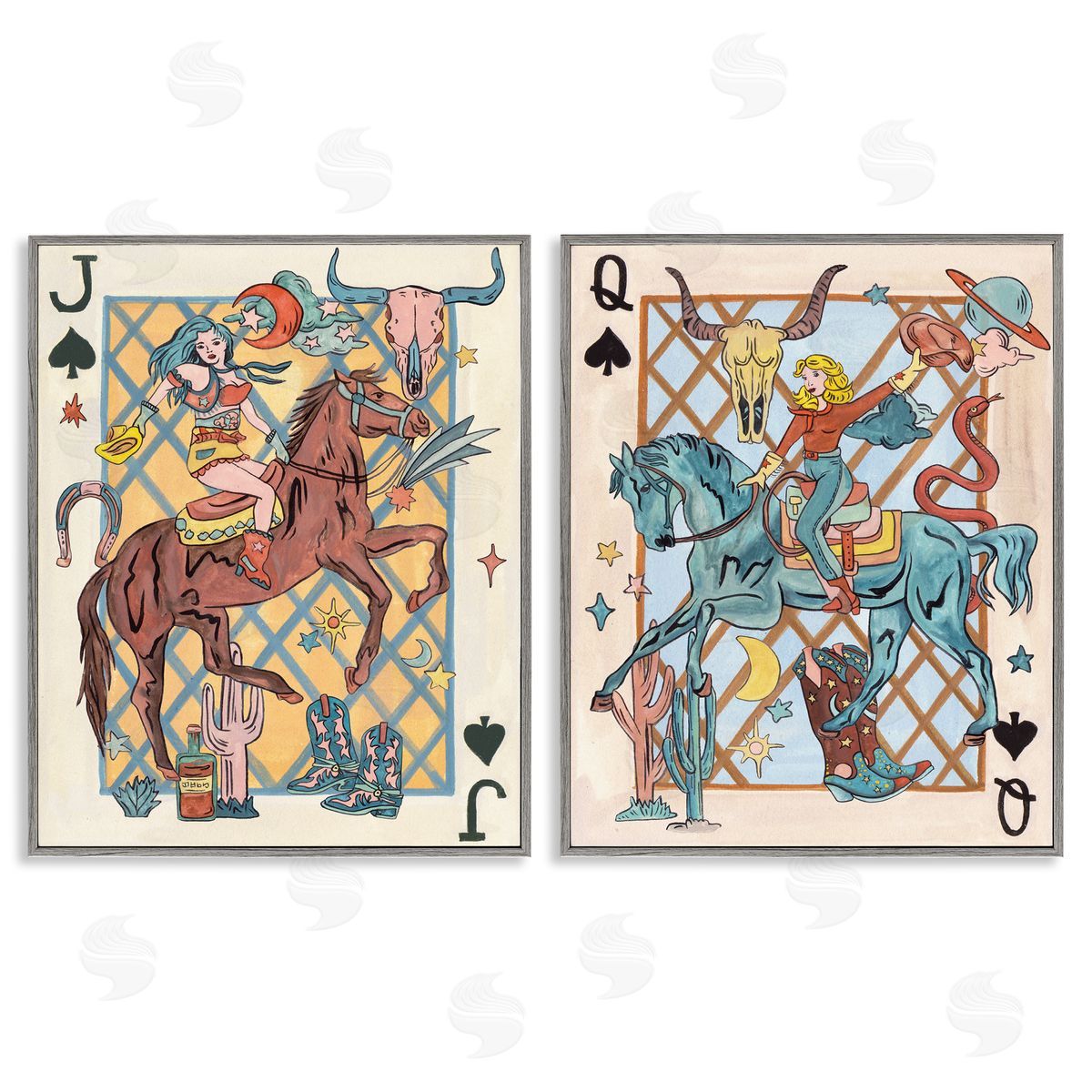 Western Cowgirl Playing Cards Grey Frame Print Wall Art, Home Decor by Melissa Wang