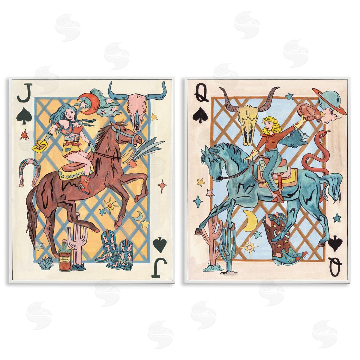 Western Cowgirl Playing Cards White Frame Print Wall Art, Home Decor by Melissa Wang