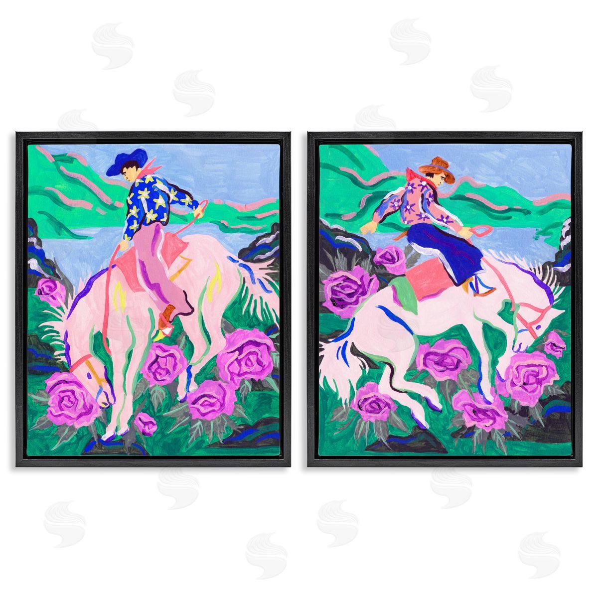 Vivid Rearing Cowboys Black Floating Frame Canvas Wall Art, Home Decor by Melissa Wang