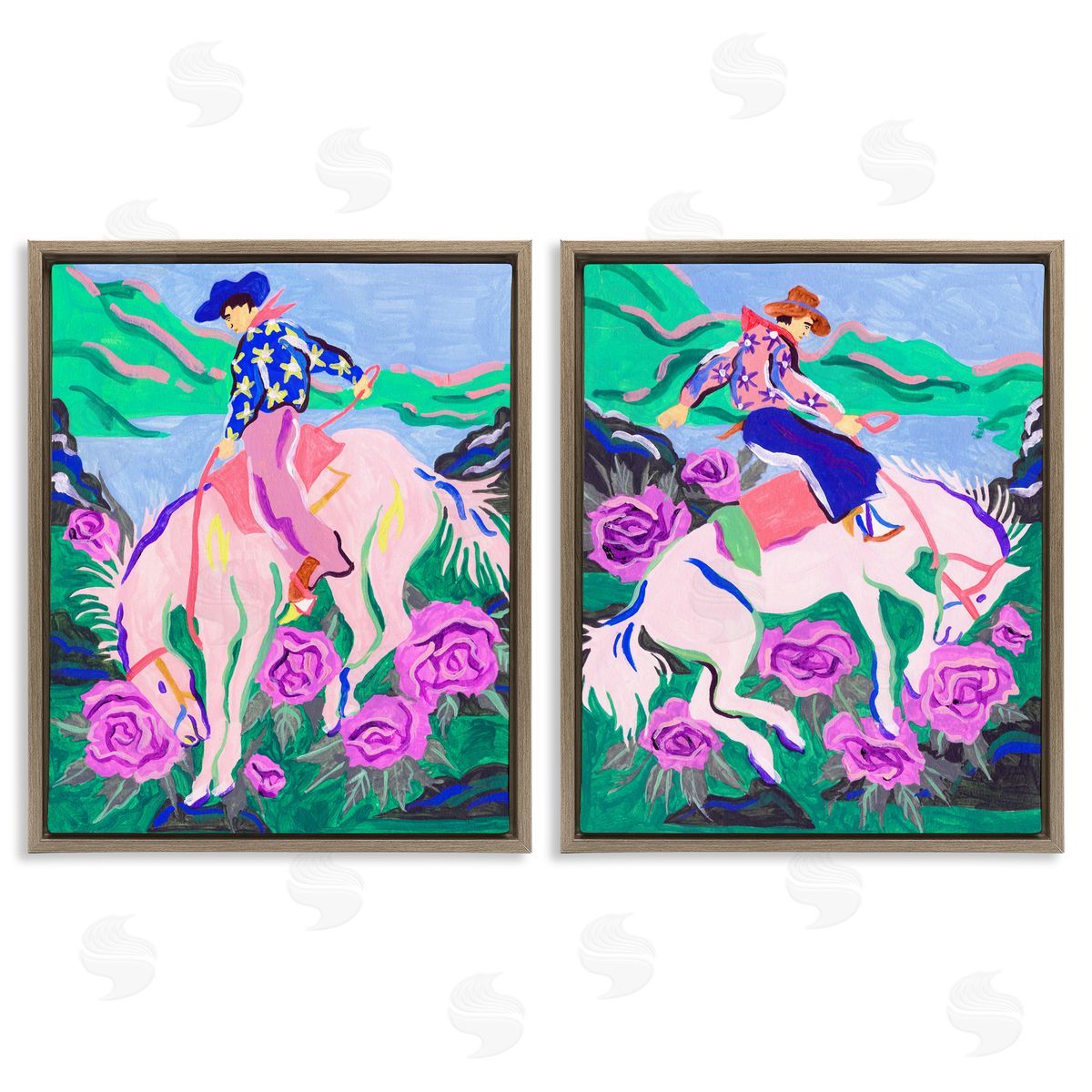 Vivid Rearing Cowboys Brown Floating Frame Canvas Wall Art, Home Decor by Melissa Wang