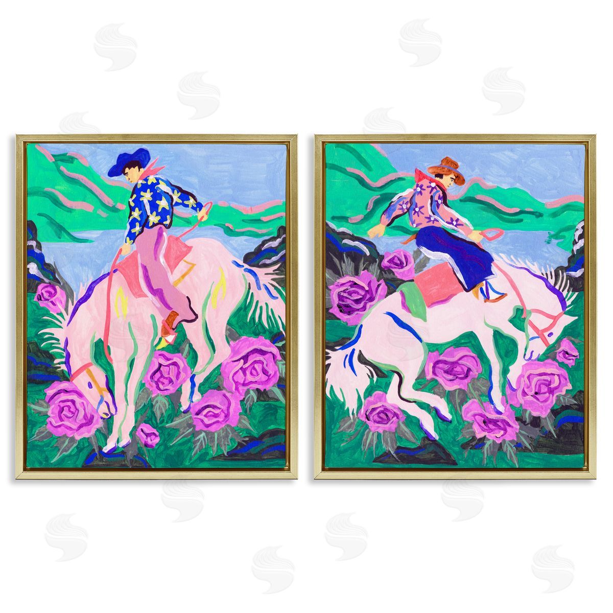 Vivid Rearing Cowboys Gold Floating Frame Canvas Wall Art, Home Decor by Melissa Wang