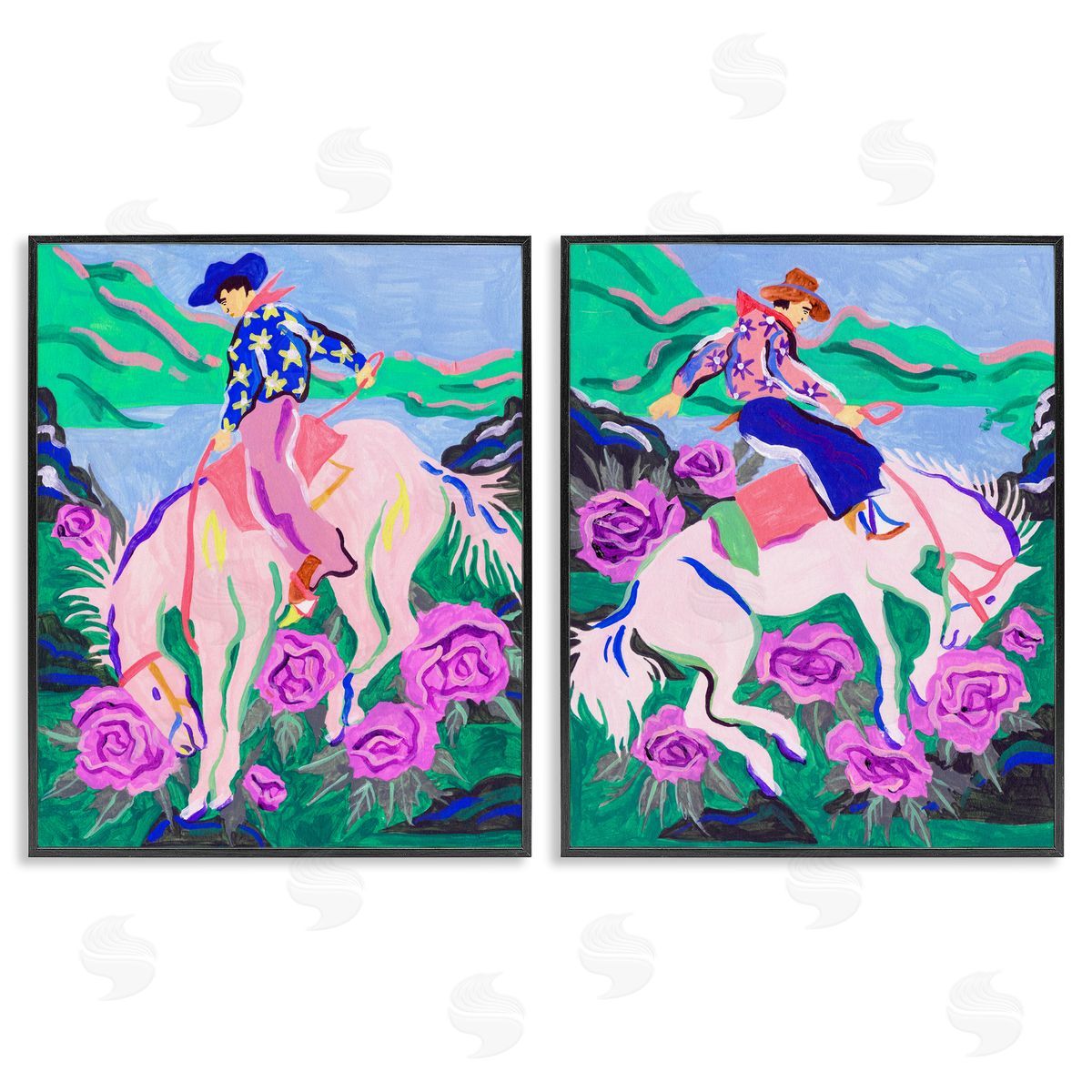 Vivid Rearing Cowboys Black Frame Print Wall Art, Home Decor by Melissa Wang