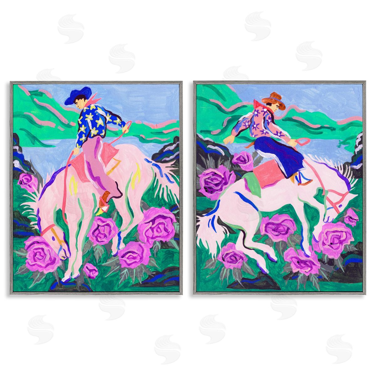 Vivid Rearing Cowboys Grey Frame Print Wall Art, Home Decor by Melissa Wang