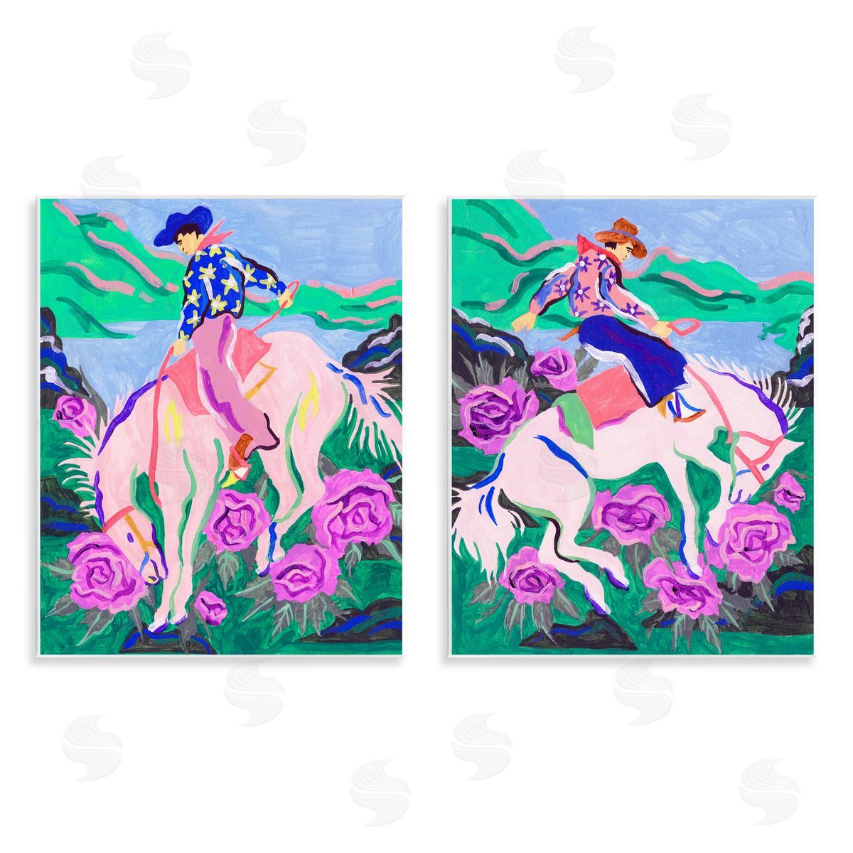 Vivid Rearing Cowboys Wood Plaque Wall Art, Home Decor by Melissa Wang