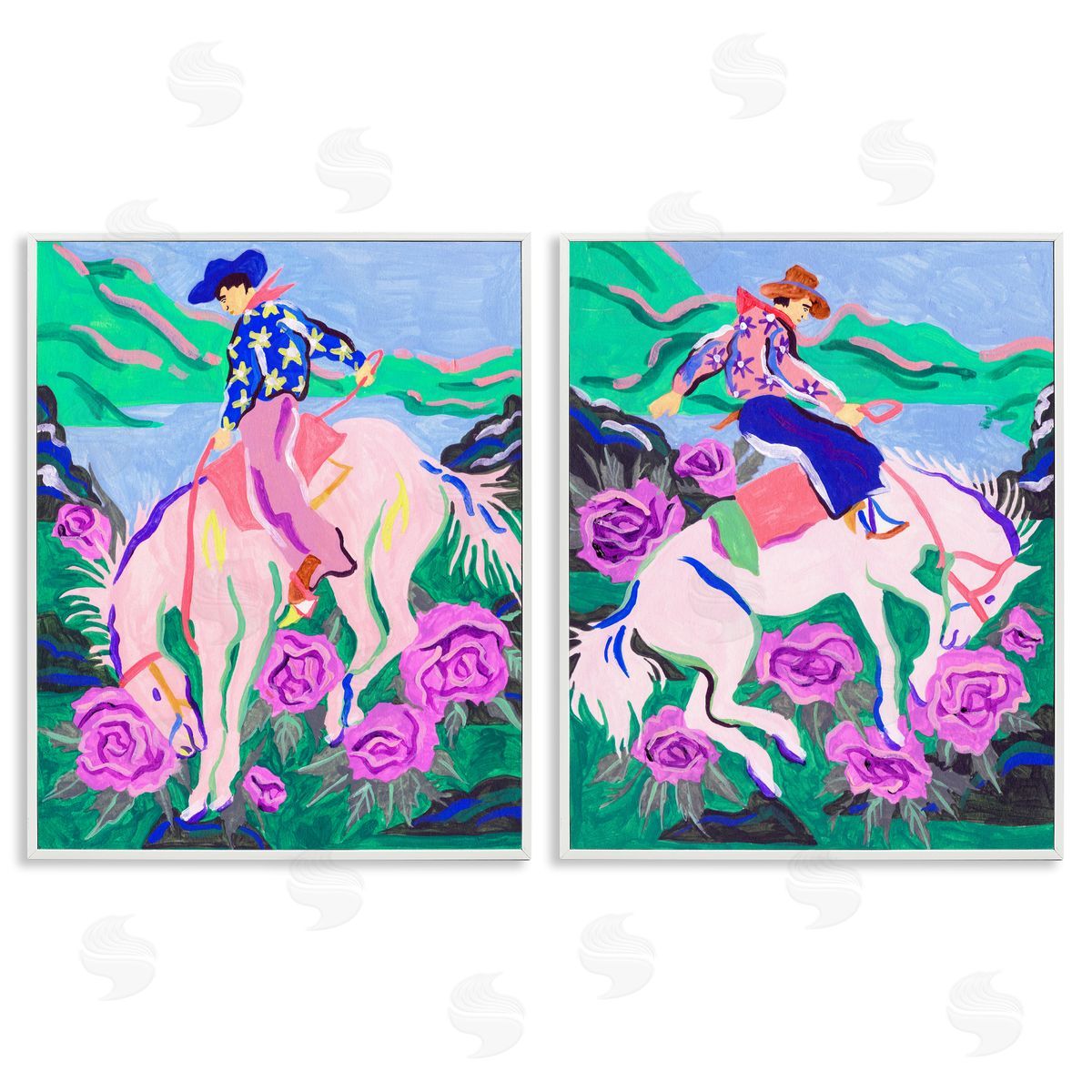 Vivid Rearing Cowboys White Frame Print Wall Art, Home Decor by Melissa Wang