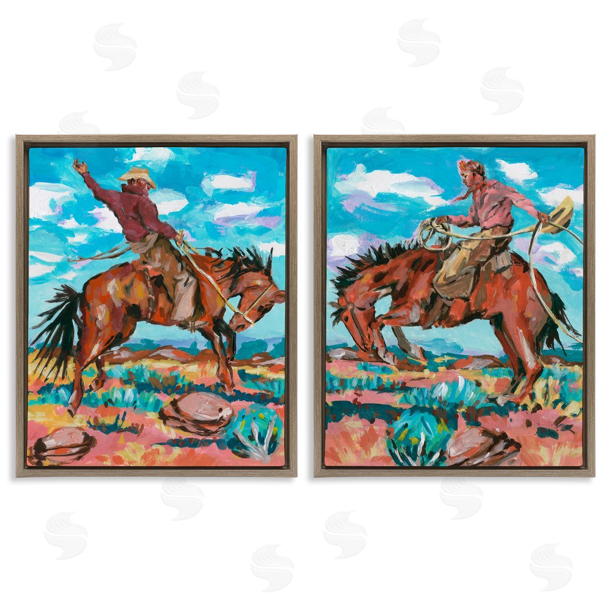 Rustic Cowboys in Desert Brown Floating Frame Canvas Wall Art, Home Decor by Melissa Wang