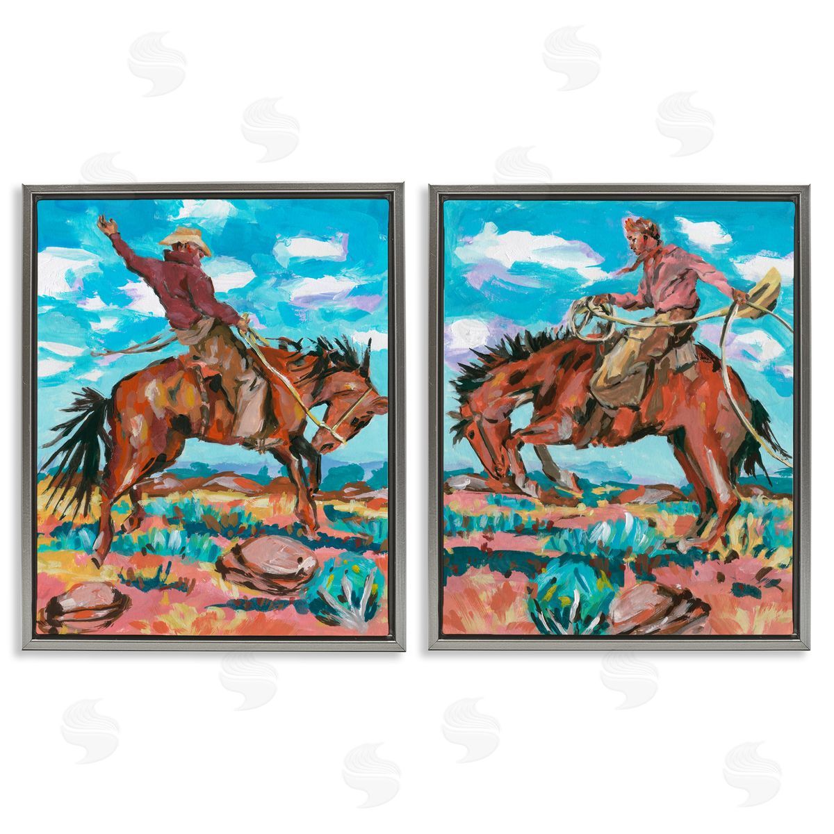 Rustic Cowboys in Desert Grey Floating Frame Canvas Wall Art, Home Decor by Melissa Wang