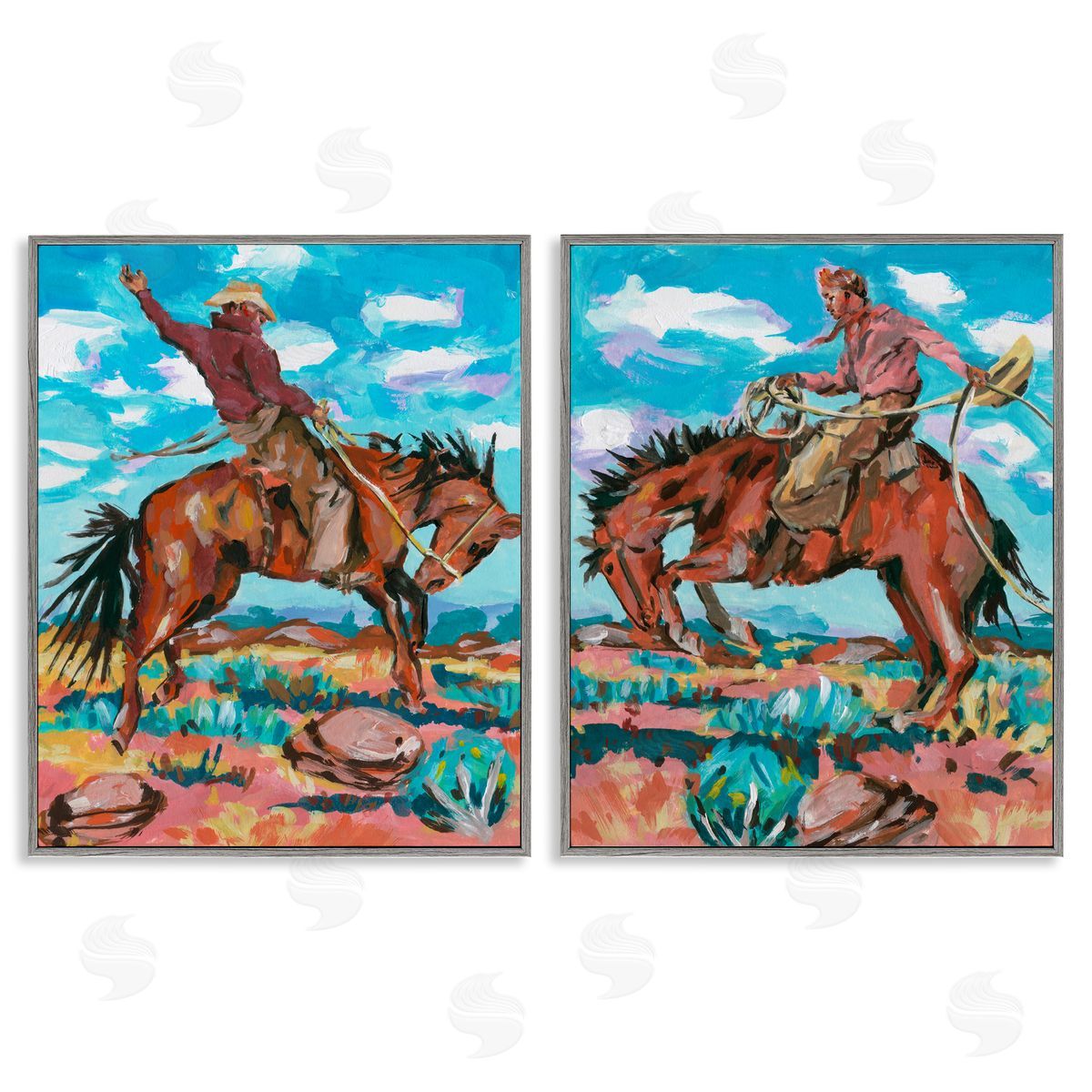 Rustic Cowboys in Desert Grey Frame Print Wall Art, Home Decor by Melissa Wang