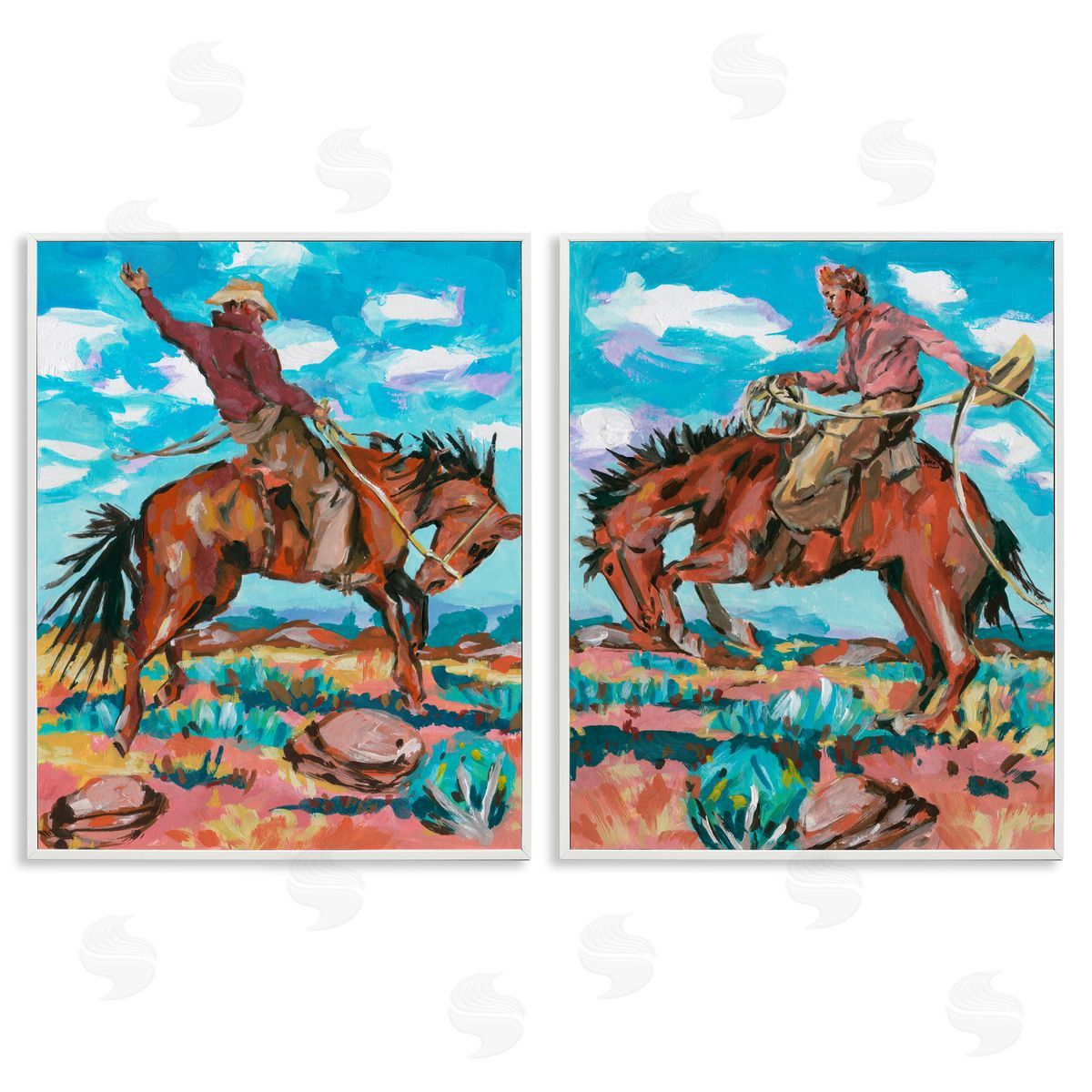 Rustic Cowboys in Desert White Frame Print Wall Art, Home Decor by Melissa Wang