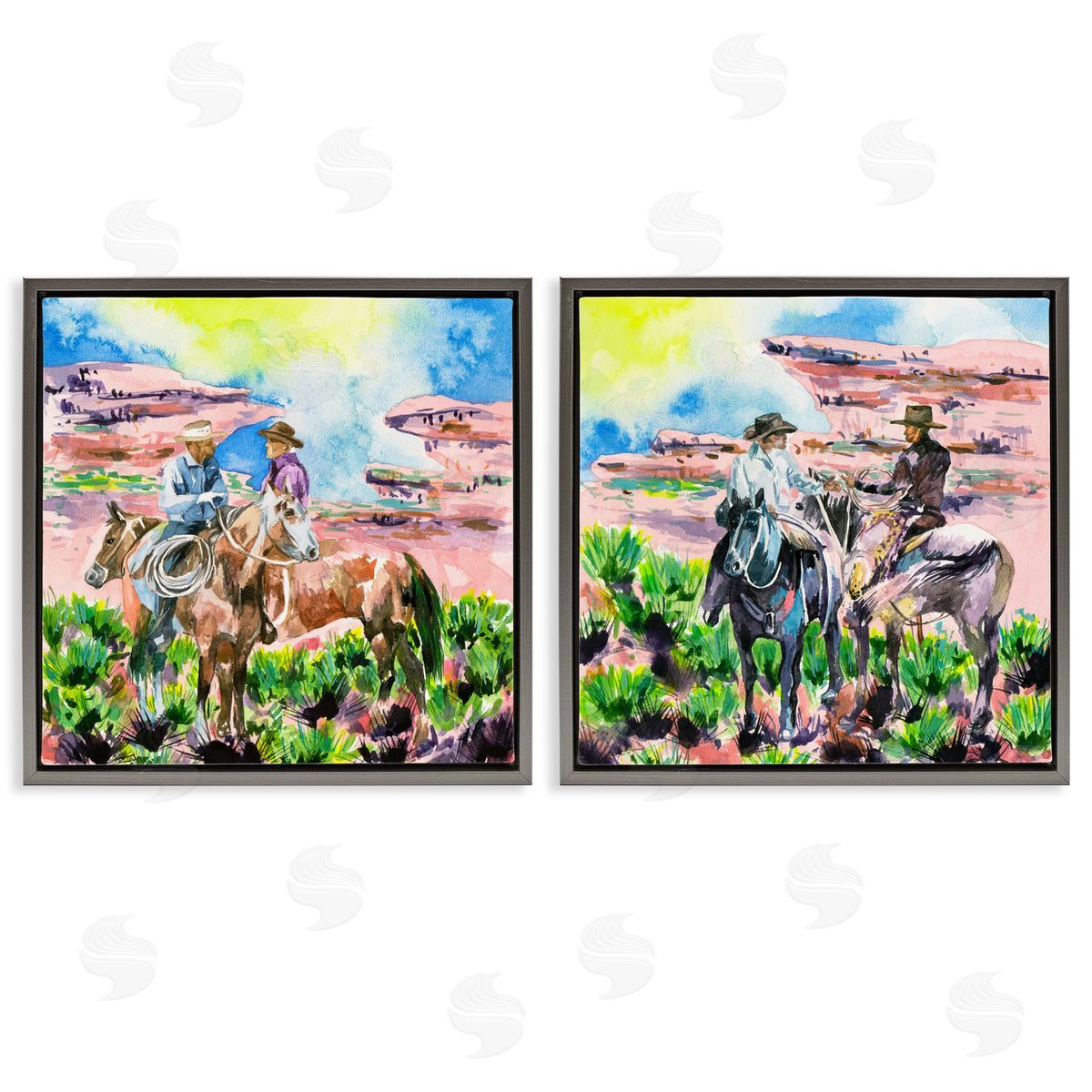 Cowboys Under Western Sun Grey Floating Frame Canvas Wall Art, Home Decor by Melissa Wang