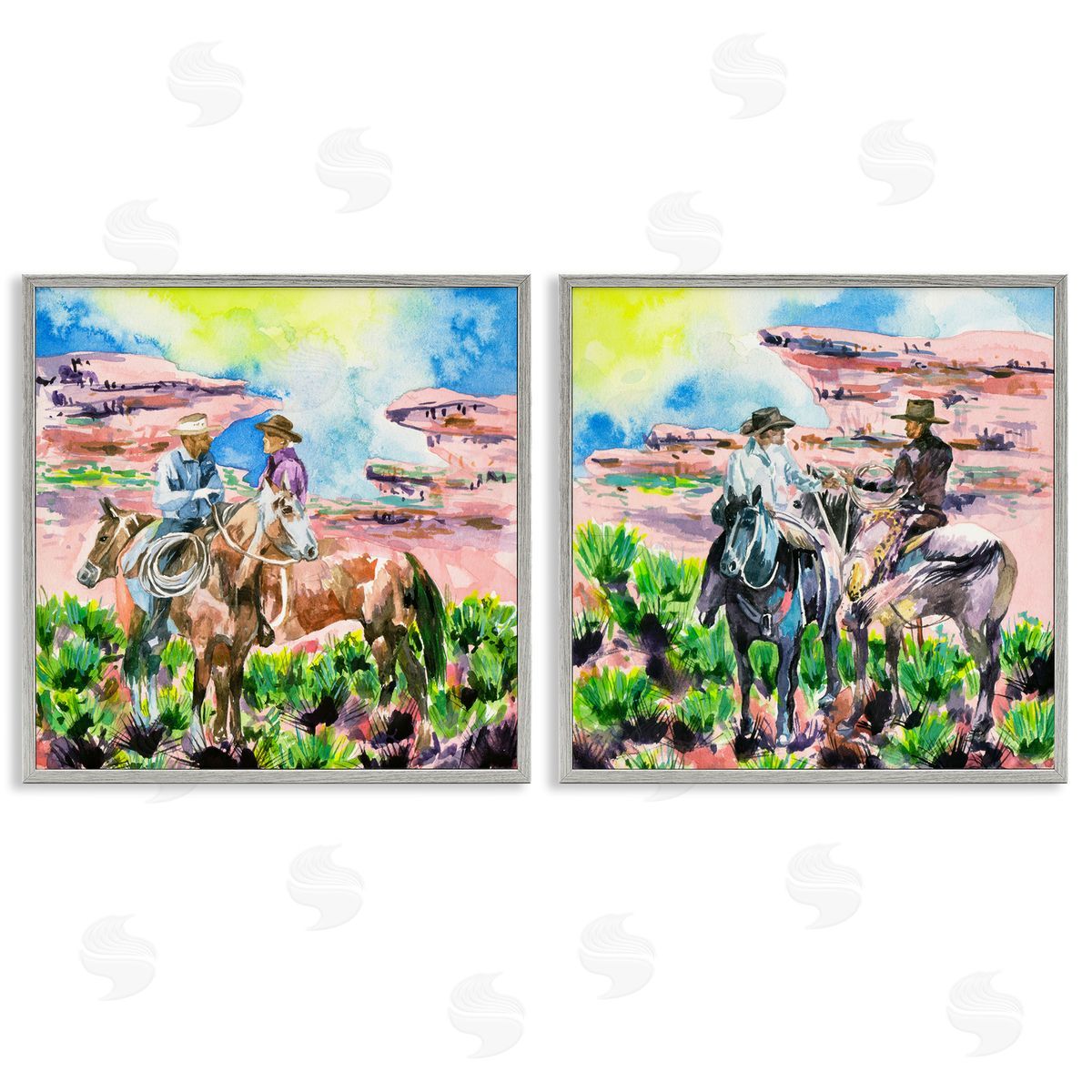 Cowboys Under Western Sun Grey Frame Print Wall Art, Home Decor by Melissa Wang
