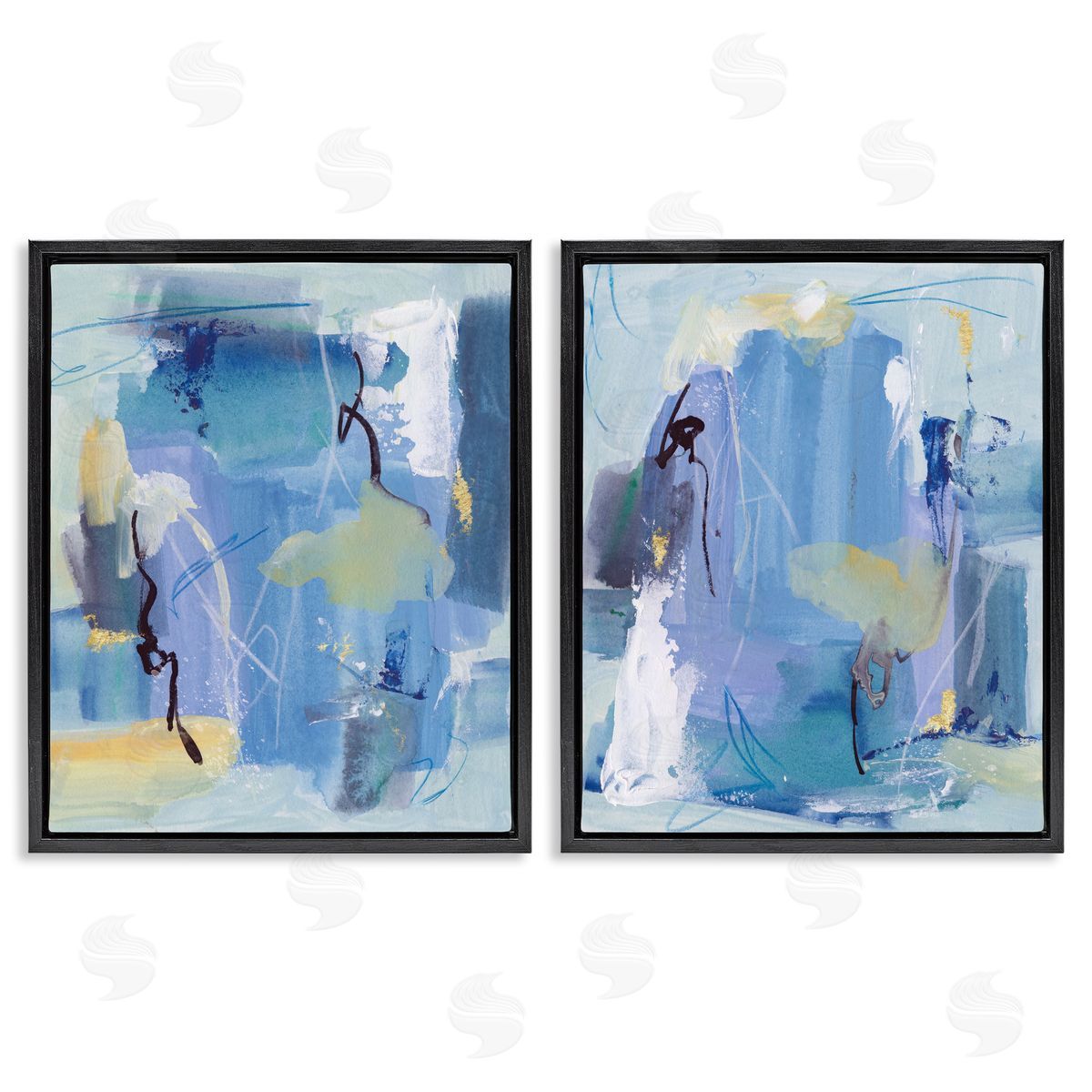 Blue Abstract with Yellow Black Floating Frame Canvas Wall Art, Home Decor by Melissa Wang