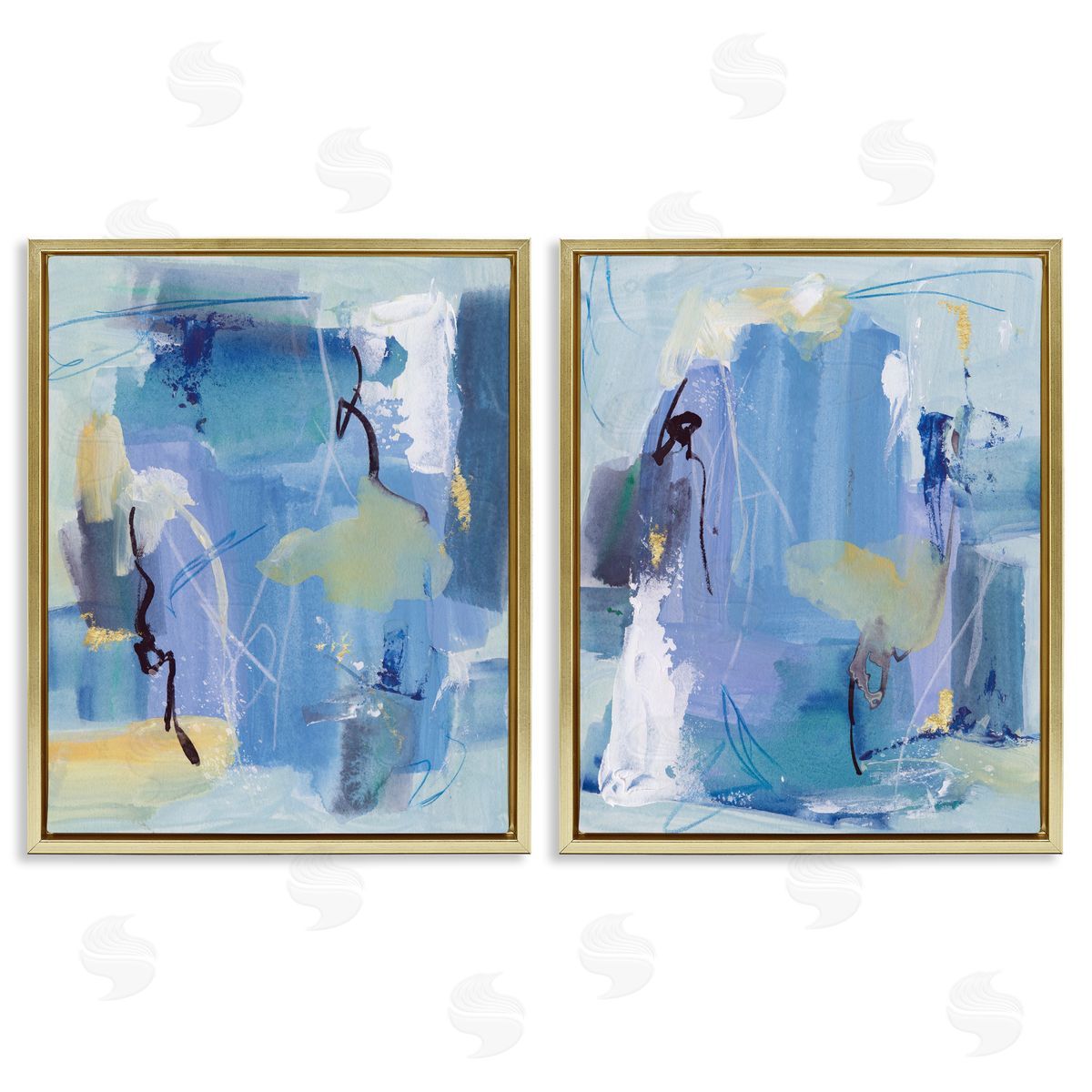 Blue Abstract with Yellow Gold Floating Frame Canvas Wall Art, Home Decor by Melissa Wang