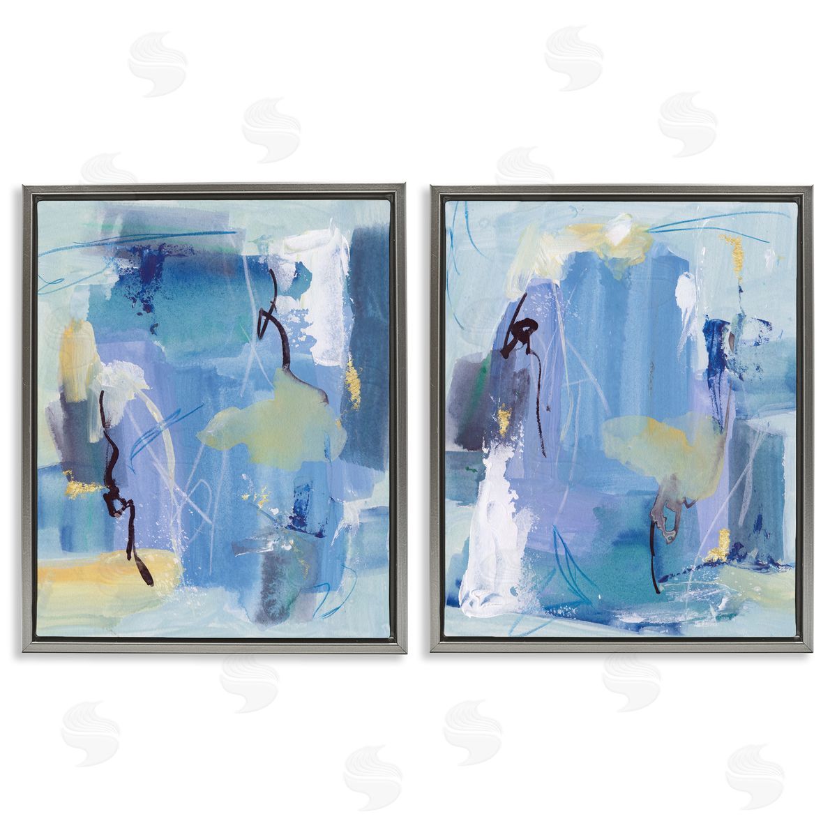 Blue Abstract with Yellow Grey Floating Frame Canvas Wall Art, Home Decor by Melissa Wang