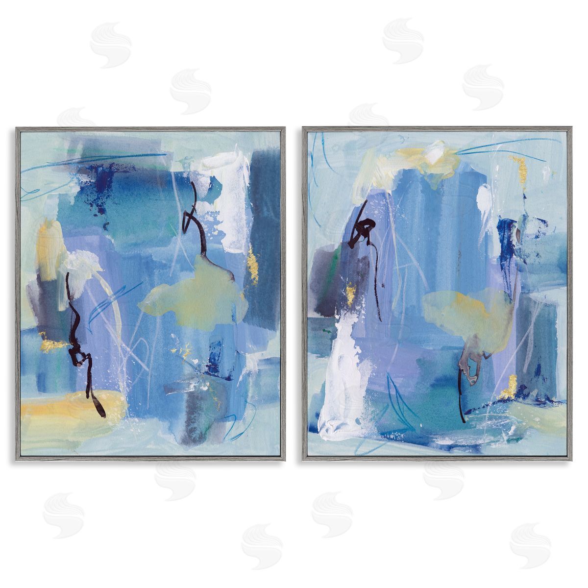 Blue Abstract with Yellow Grey Frame Print Wall Art, Home Decor by Melissa Wang