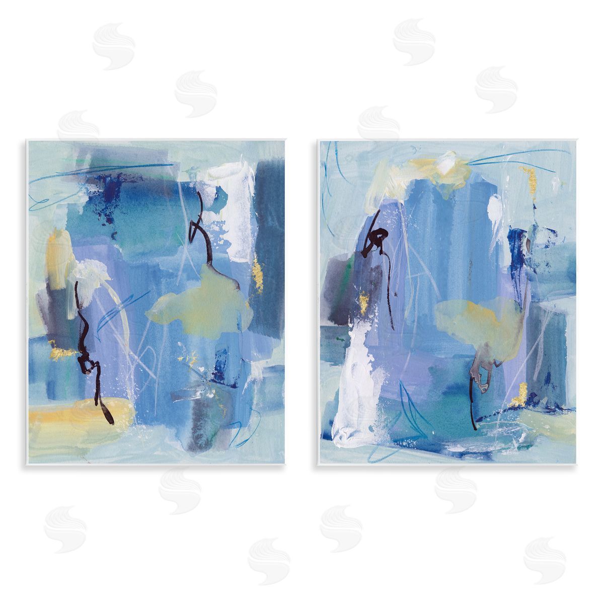 Blue Abstract with Yellow Wood Plaque Wall Art, Home Decor by Melissa Wang