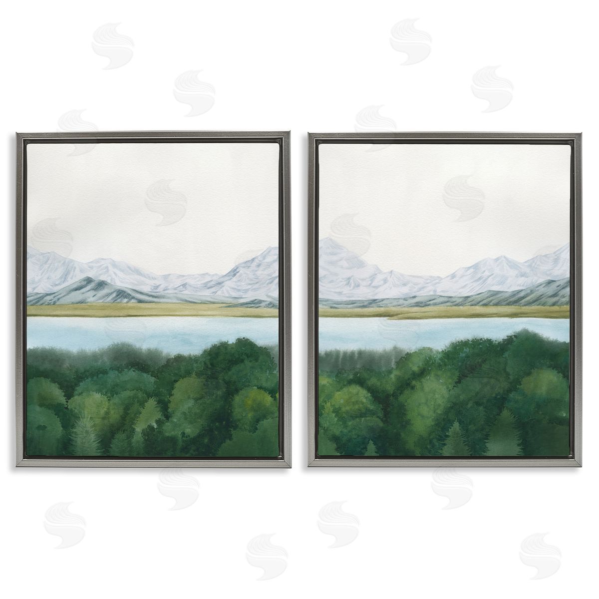 View Over Mountain Trees Grey Floating Frame Canvas Wall Art, Home Decor by Grace Popp