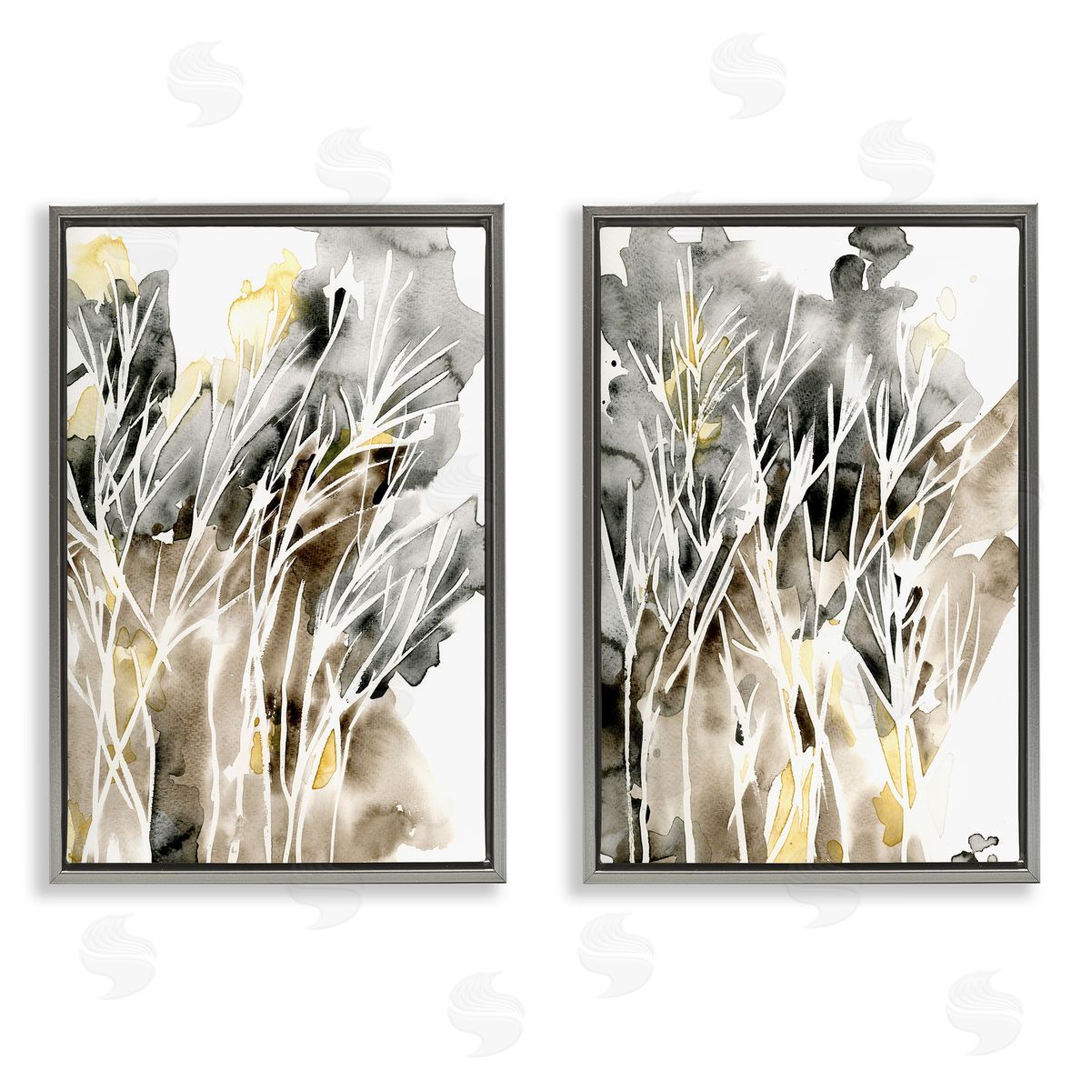 Watercolor Splash with Tendrils Grey Floating Frame Canvas Wall Art, Home Decor by Regina Moore