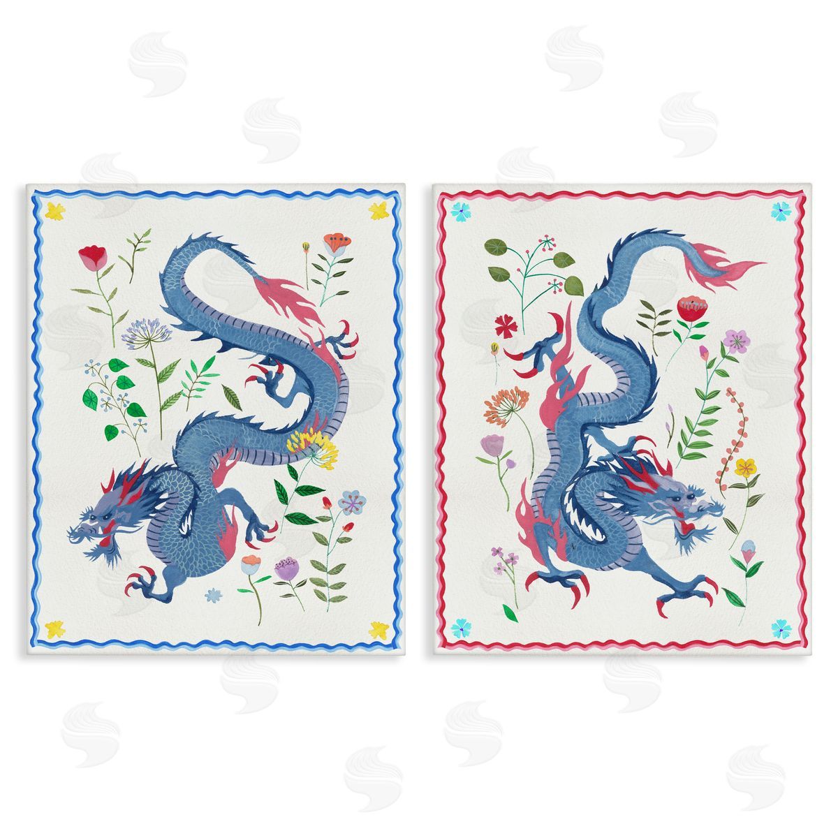 Dragons with Flower Details Canvas Wall Art, Home Decor by Melissa Wang