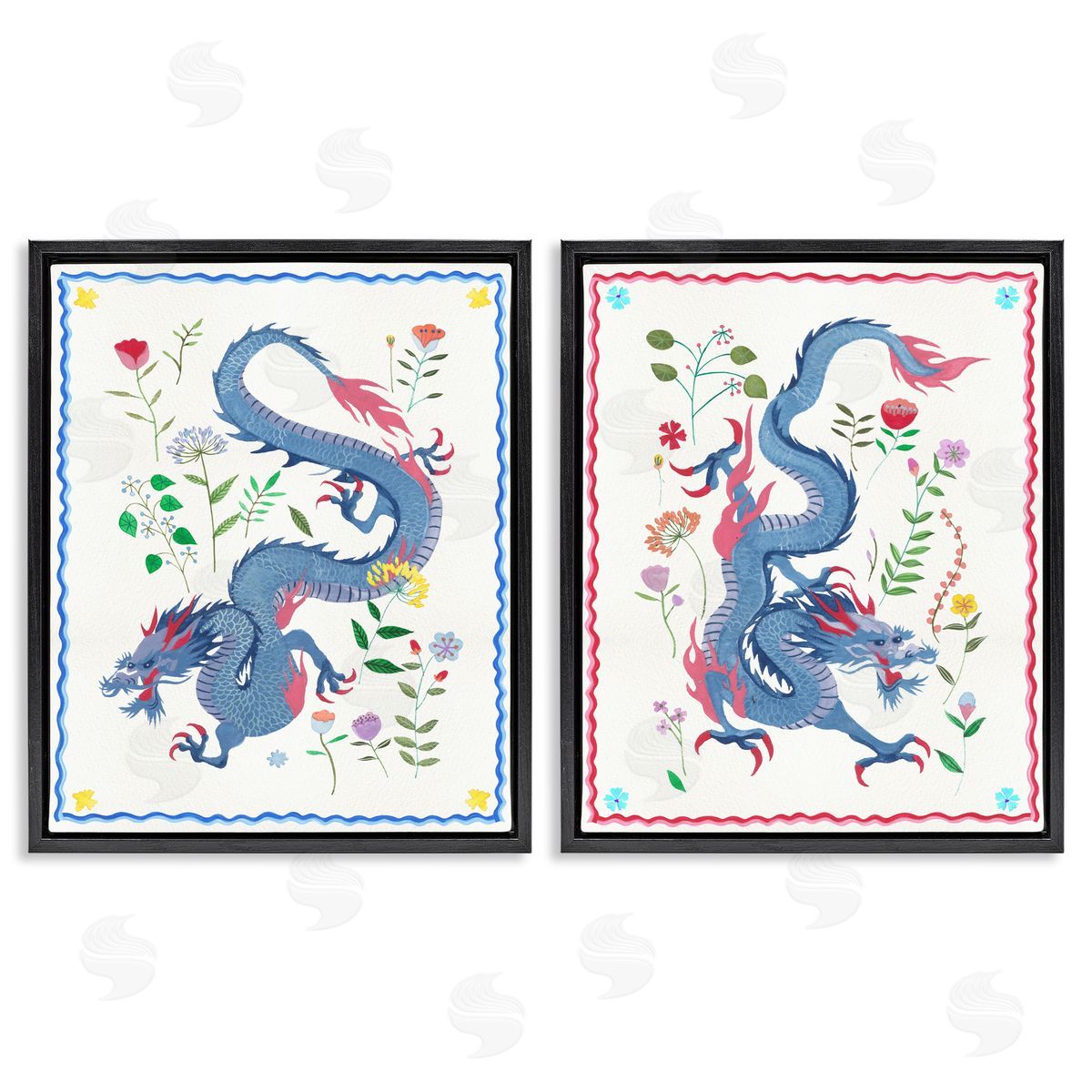 Dragons with Flower Details Black Floating Frame Canvas Wall Art, Home Decor by Melissa Wang