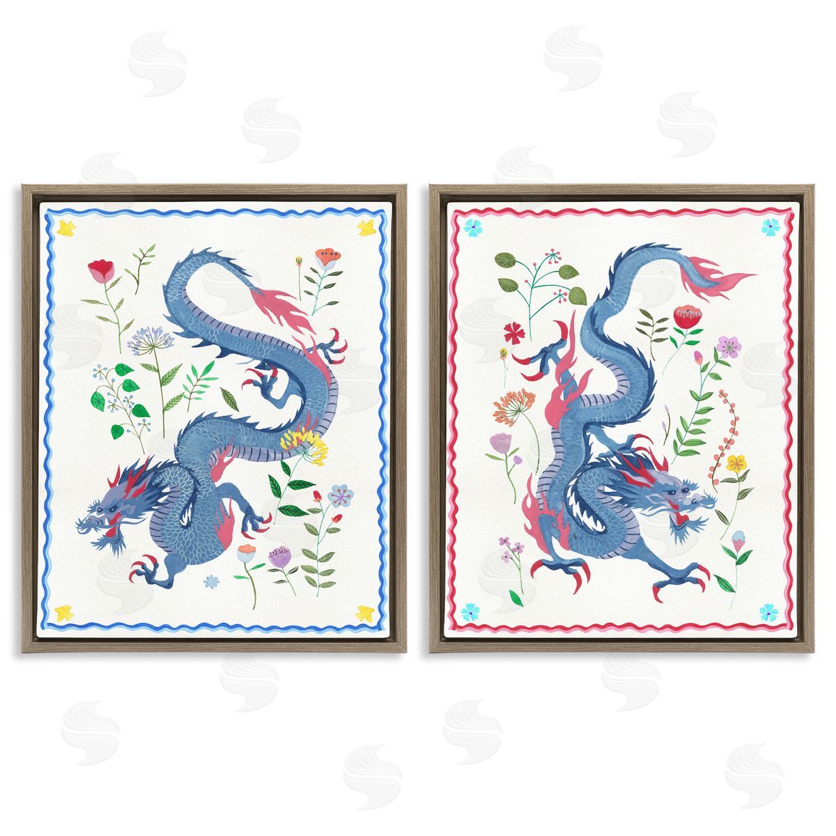 Dragons with Flower Details Brown Floating Frame Canvas Wall Art, Home Decor by Melissa Wang
