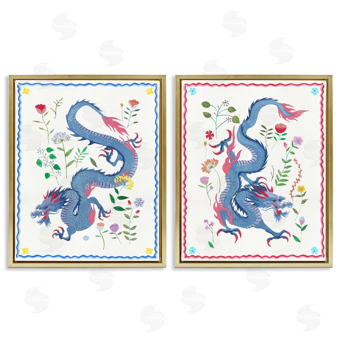 Dragons with Flower Details Gold Floating Frame Canvas Wall Art, Home Decor by Melissa Wang