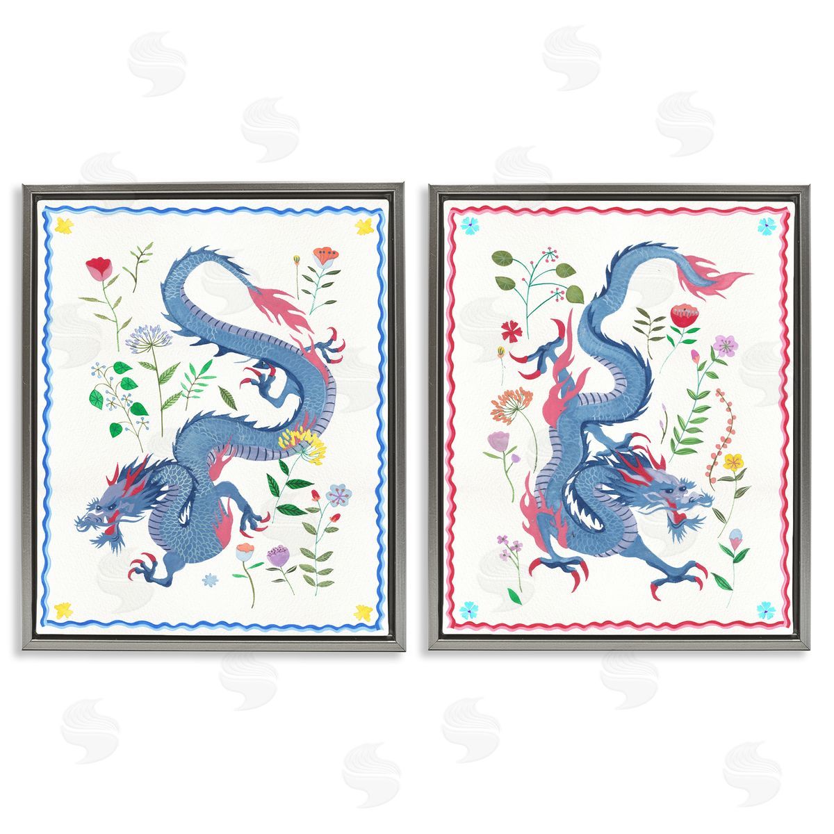 Dragons with Flower Details Grey Floating Frame Canvas Wall Art, Home Decor by Melissa Wang
