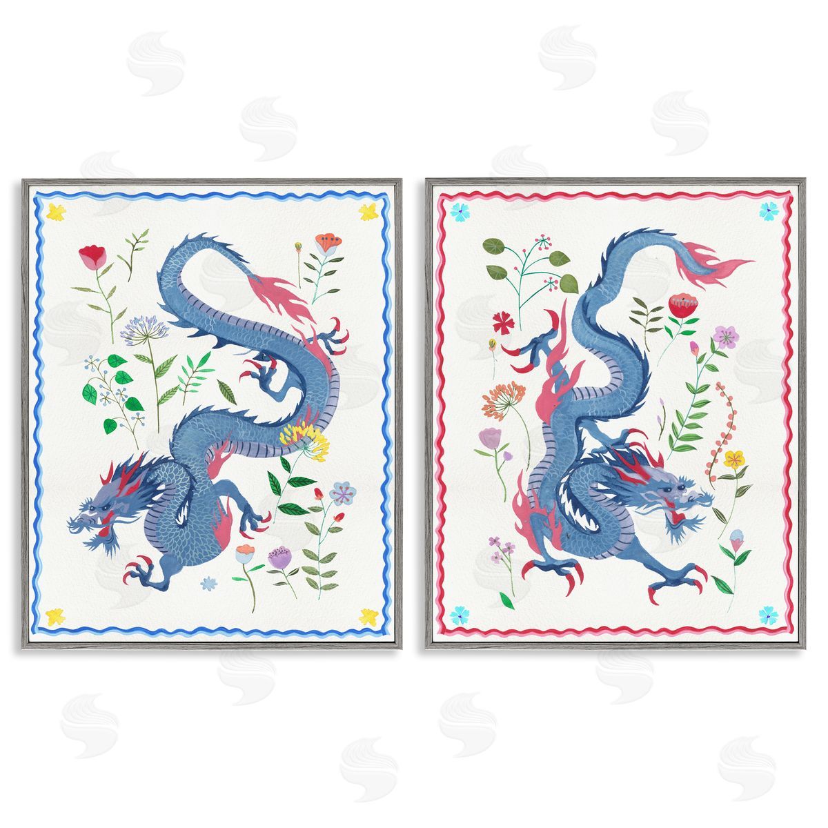 Dragons with Flower Details Grey Frame Print Wall Art, Home Decor by Melissa Wang